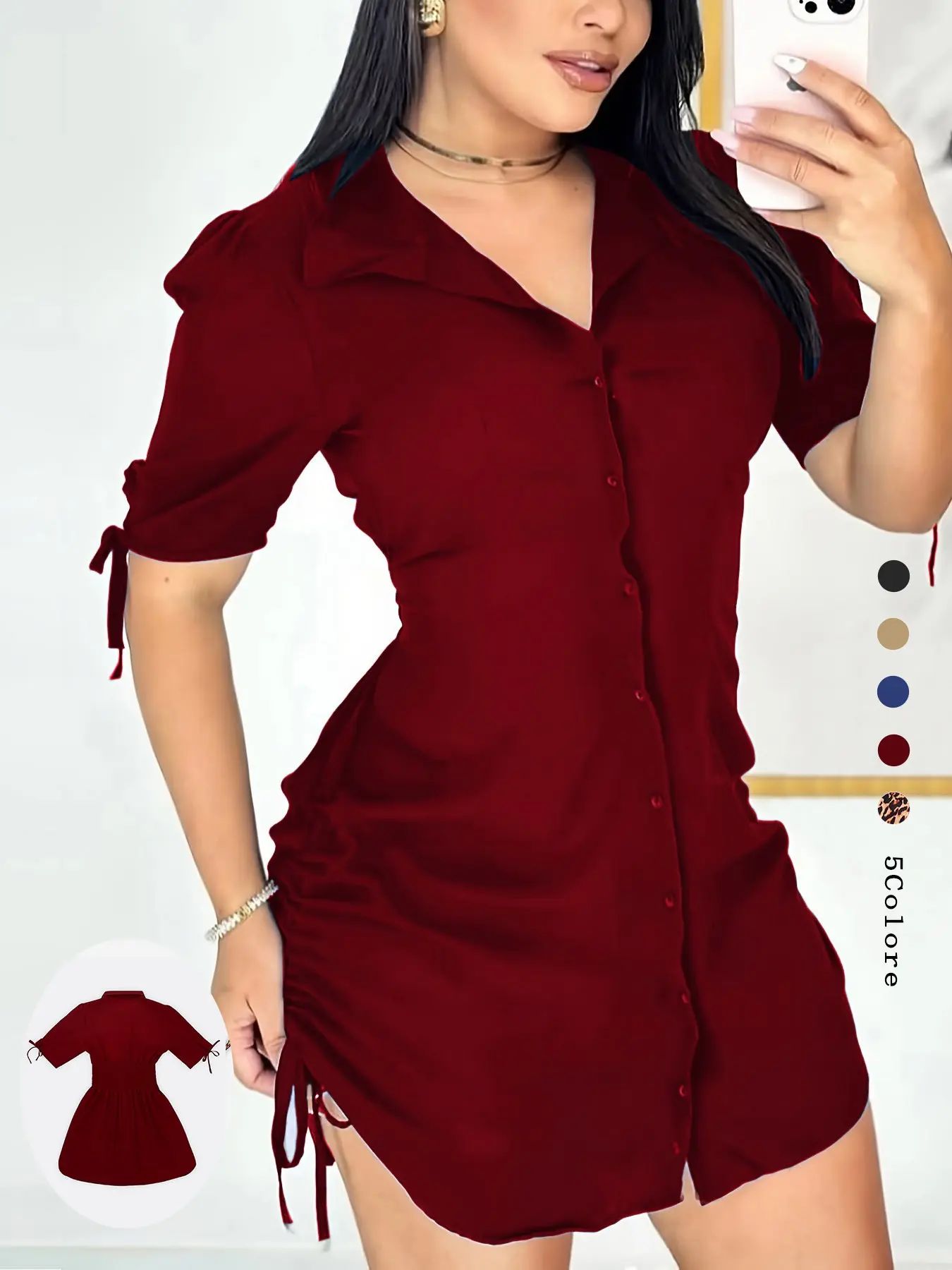 Women's Solid Color Shirt Collar Button Front Dress, Casual Short Sleeve Curved Hem Dress for Daily Wear