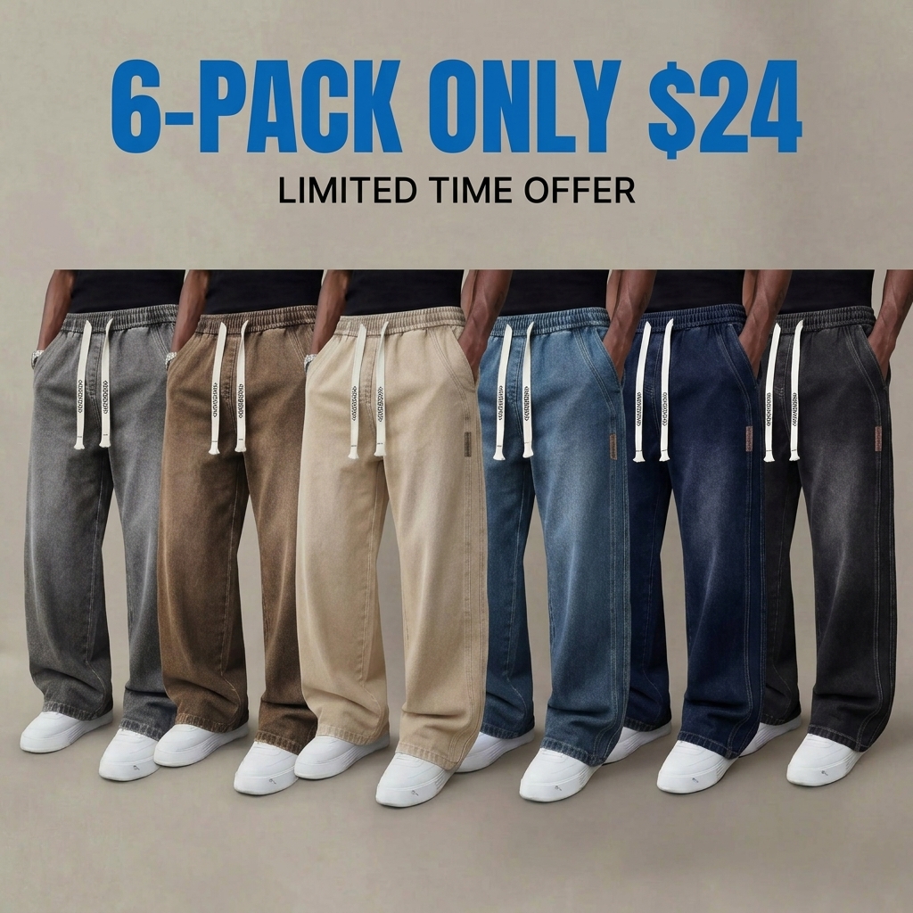 Men's Stretch Straight-Leg Denim Jeans – Vintage Wash Drawstring Casual Pants