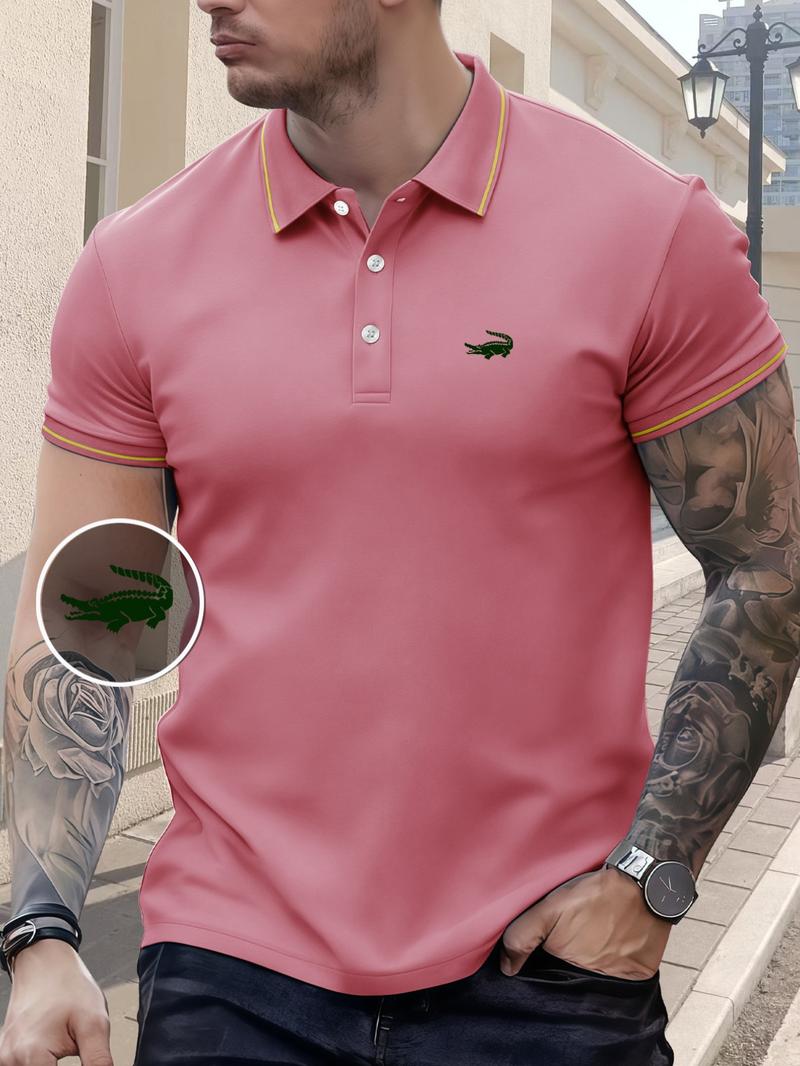 Men's Regular Fit Letter Print Contrast Trim Polo Shirt, Casual Short Sleeve Half Zip Top for Summer, Fashion Men's Clothes for Daily Wear, Tropical