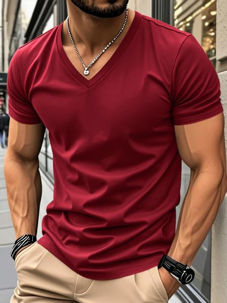 Men's Solid V-Neck Short Sleeve T-Shirt, Soft Breathable Heart-Neck Top, Classic Basic Versatile Tee &ndash; Suitable for Daily Wear, Layering & Outdoor Sports, Casual Fashion Must-Have for Men