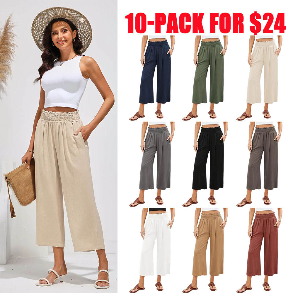 Linen Capri Pants for Women High Waisted Wide Leg Linen Palazzo Trousers Pull On Elastic Smock Waist Loose Flowy Pants