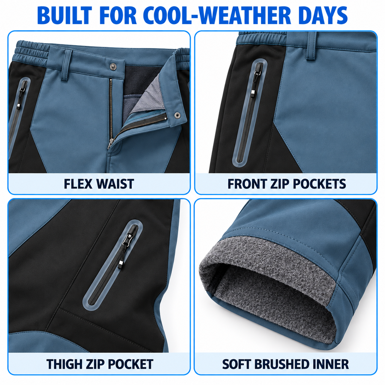 Men's Fleece-Lined Softshell Outdoor Pants Multipack - Zip-Pocket Cold-Weather Trousers