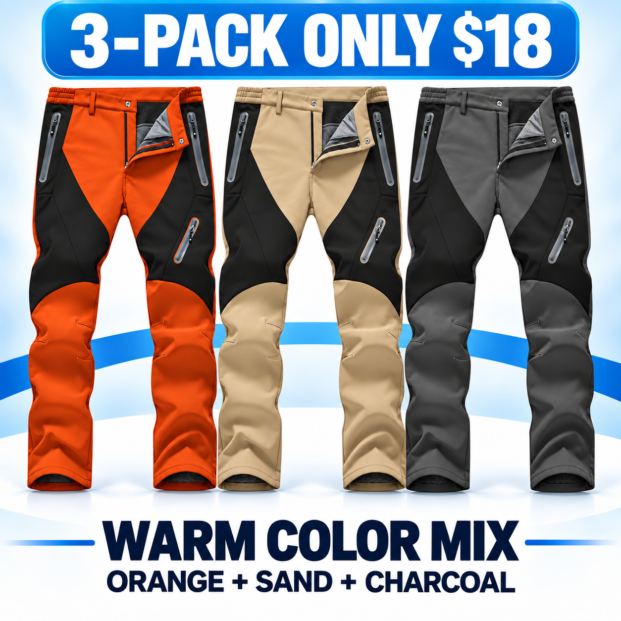 Men's Fleece-Lined Softshell Outdoor Pants Multipack - Zip-Pocket Cold-Weather Trousers