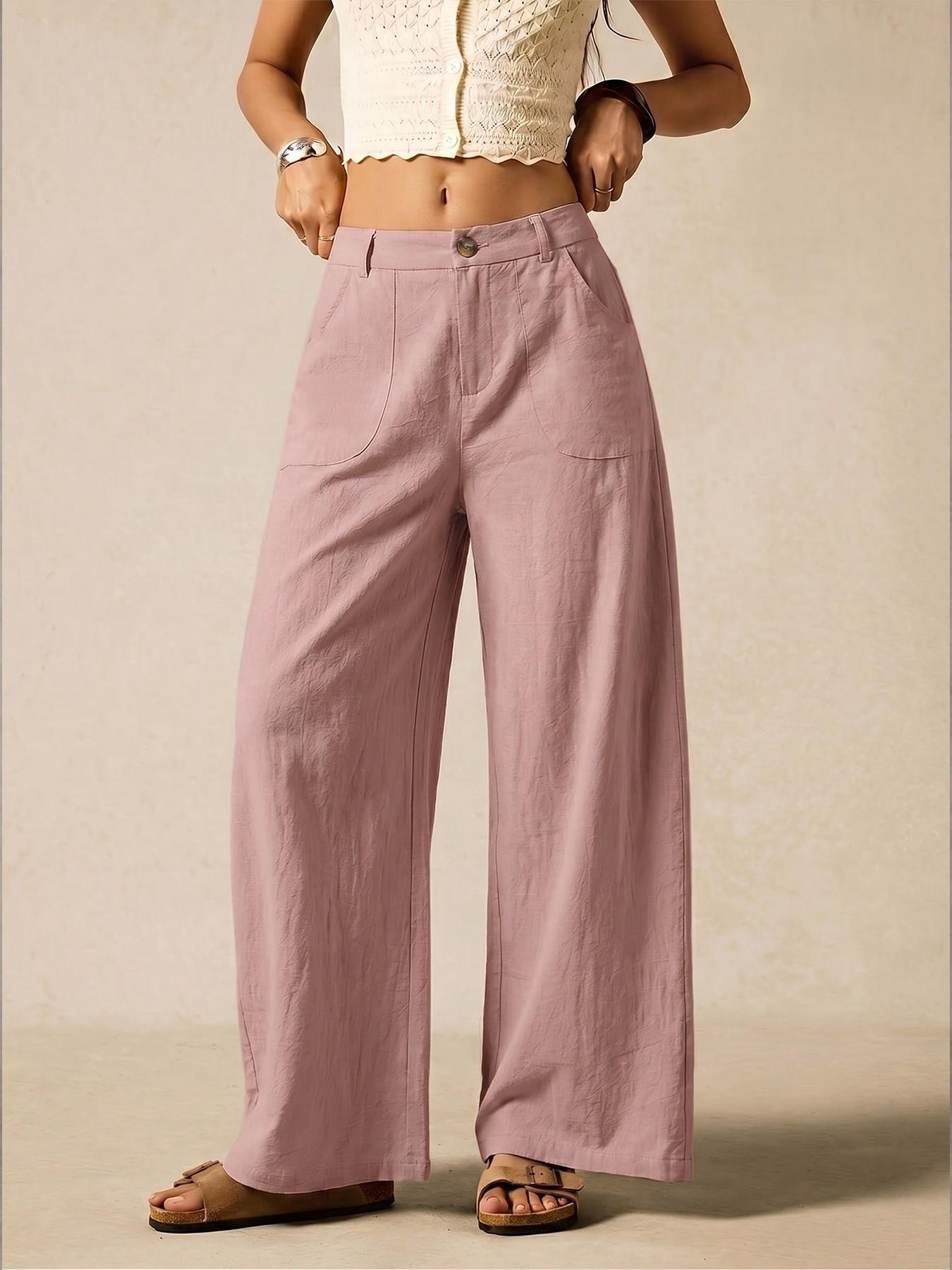 Women's Summer Linen Breathable Lightweight Palazzo Pants Flowy Wide Straight Leg Beach Trousers, Button Pocket Trousers, With Pocket Casual Solid Color Soft Elastic High Waist Travel Vacation Date Brunch Home Work Street wear Women's Summer Linen Breathable Lightweight Palazzo Pants Flowy Wide Straight Leg Beach Trousers, Button Pocket Trousers, With Pocket Casual Solid Color Soft Elastic High Waist Travel Vacation Date Brunch Home Work Street wear