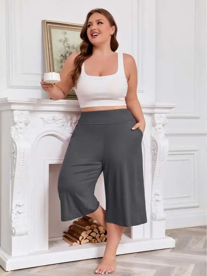 Women’s Plus Size Capri Pajama Pants Soft Breathable Stretchy Wide Leg Lounge Sleep Pants with Pockets Fit Fabric