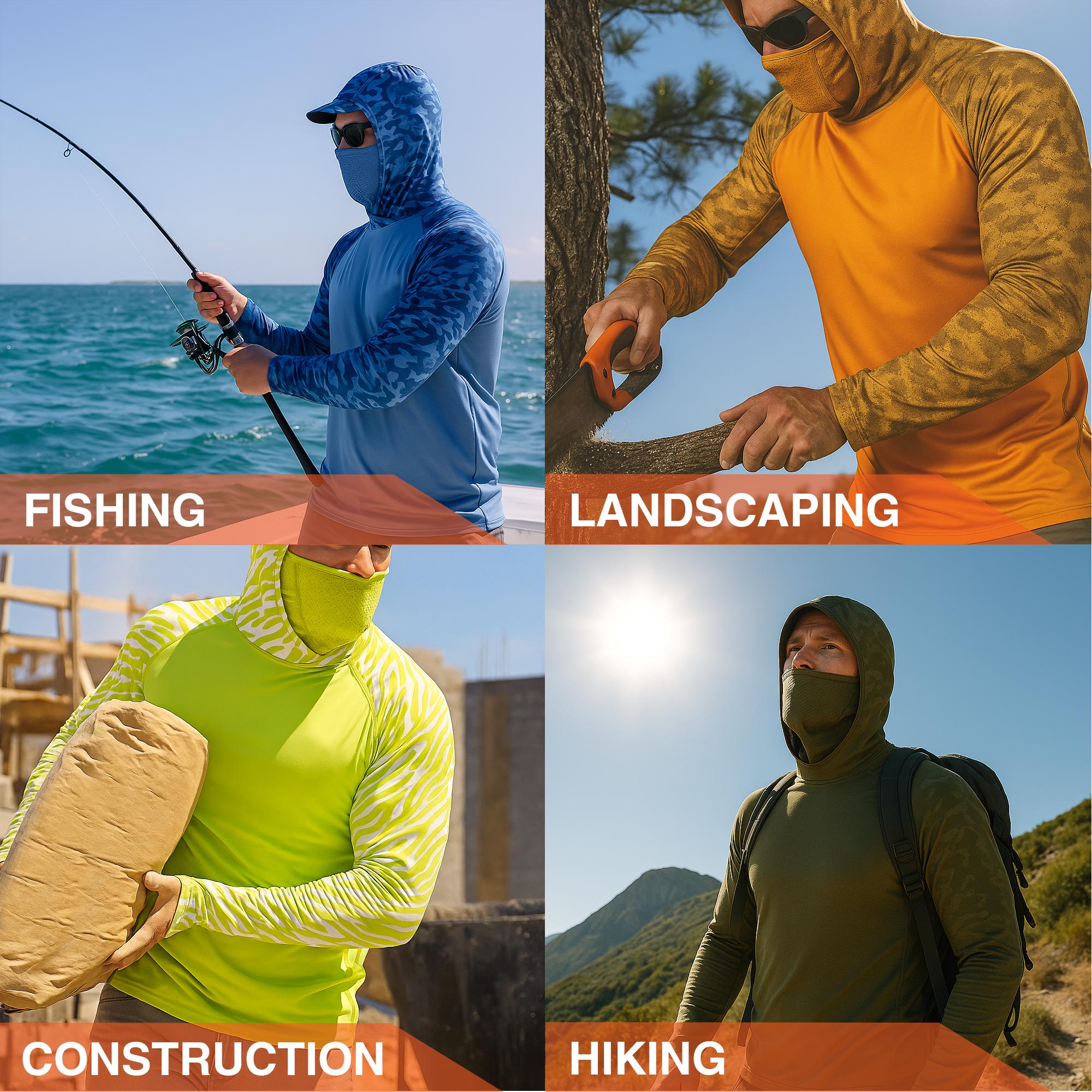 RODEEL 915 Sun Hoodie Shirts w/ Mask Neck Gaiter Men UPF 50+ UV Protection Long Sleeve Lightweight Quick Dry Moisture Wicking Breathable Cooling Athletic Activewear for Outdoor Sport Fishing Boating Hiking Cycling Construction Roofing Farming Tree Service