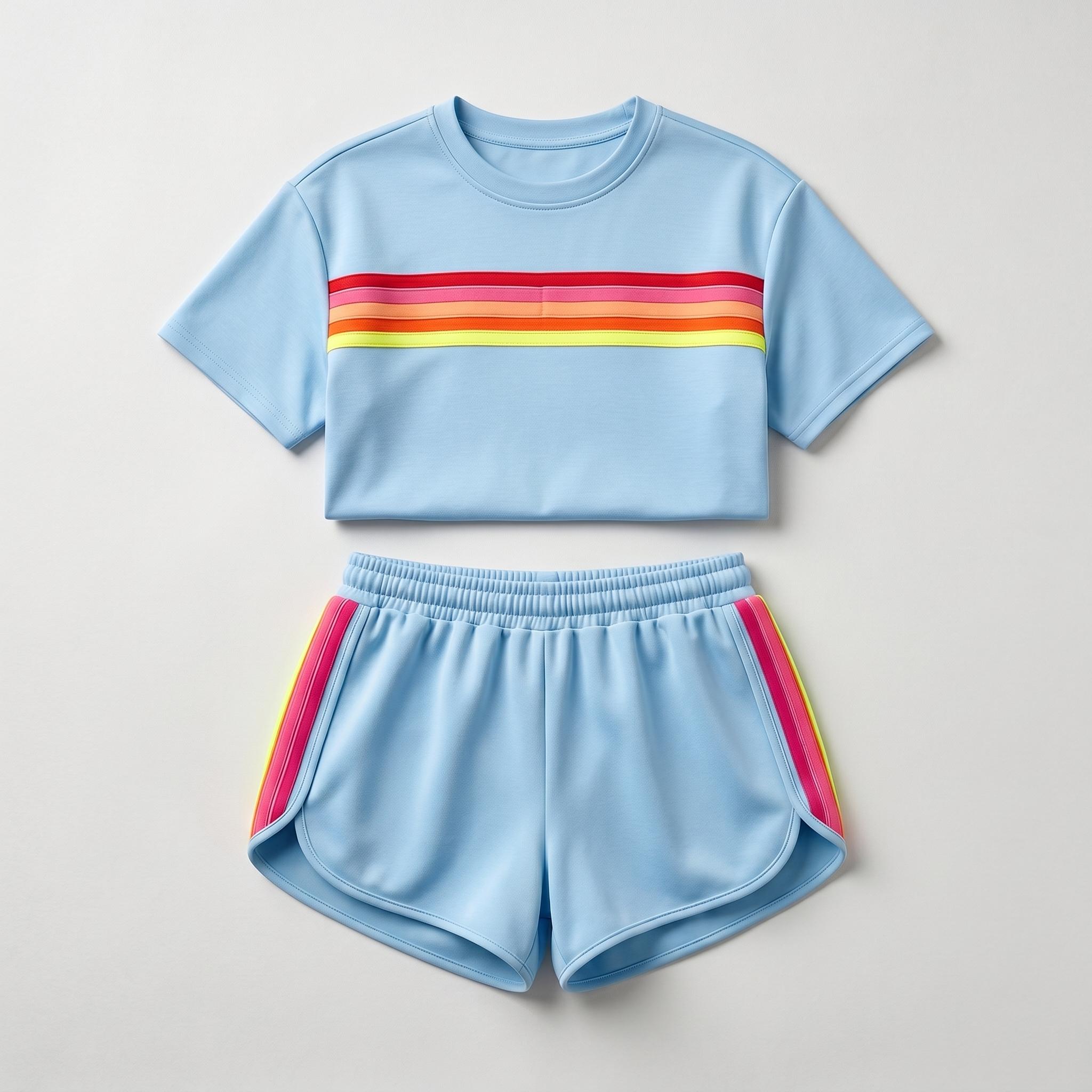 Women's Short 2-Piece Rainbow Strip Outdoor Sportswear Set - Loose Fit Crop Top & Bottoms, Solid Round Neck, Short Sleeves, Lightweight Breathable Blend Clothing, Baby Blue, Baseball Use, Light Spandex Women's Clothes tiktokshopspringglowup, 2 Piece Sets,
