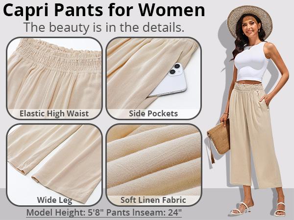 GRAPENT Texairon Linen Capri Pants for Women High Waisted Wide Leg Linen Palazzo Trousers Pull On Elastic Smock Waist Loose Flowy Pants, Women's Clothes, Linen Pants Women,summerwins,summeroutfits,vacationoutfits,beachoutfits GRAPENT Texairon Linen Capri Pants for Women High Waisted Wide Leg Linen Palazzo Trousers Pull On Elastic Smock Waist Loose Flowy Pants, Women's Clothes, Linen Pants Women,summerwins,summeroutfits,vacationoutfits,beachoutfits