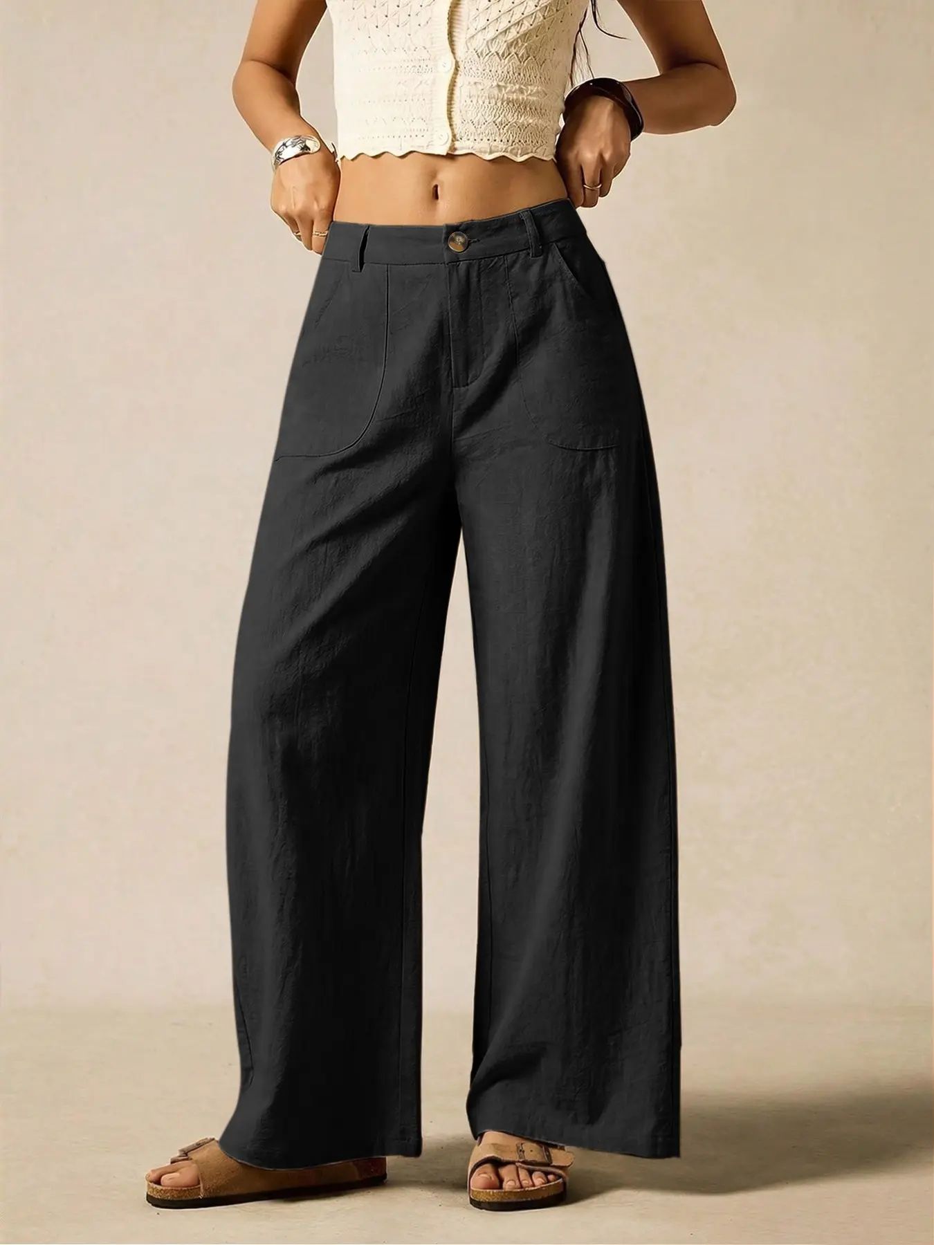 Women's Summer Linen Breathable Lightweight Palazzo Pants Flowy Wide Straight Leg Beach Trousers