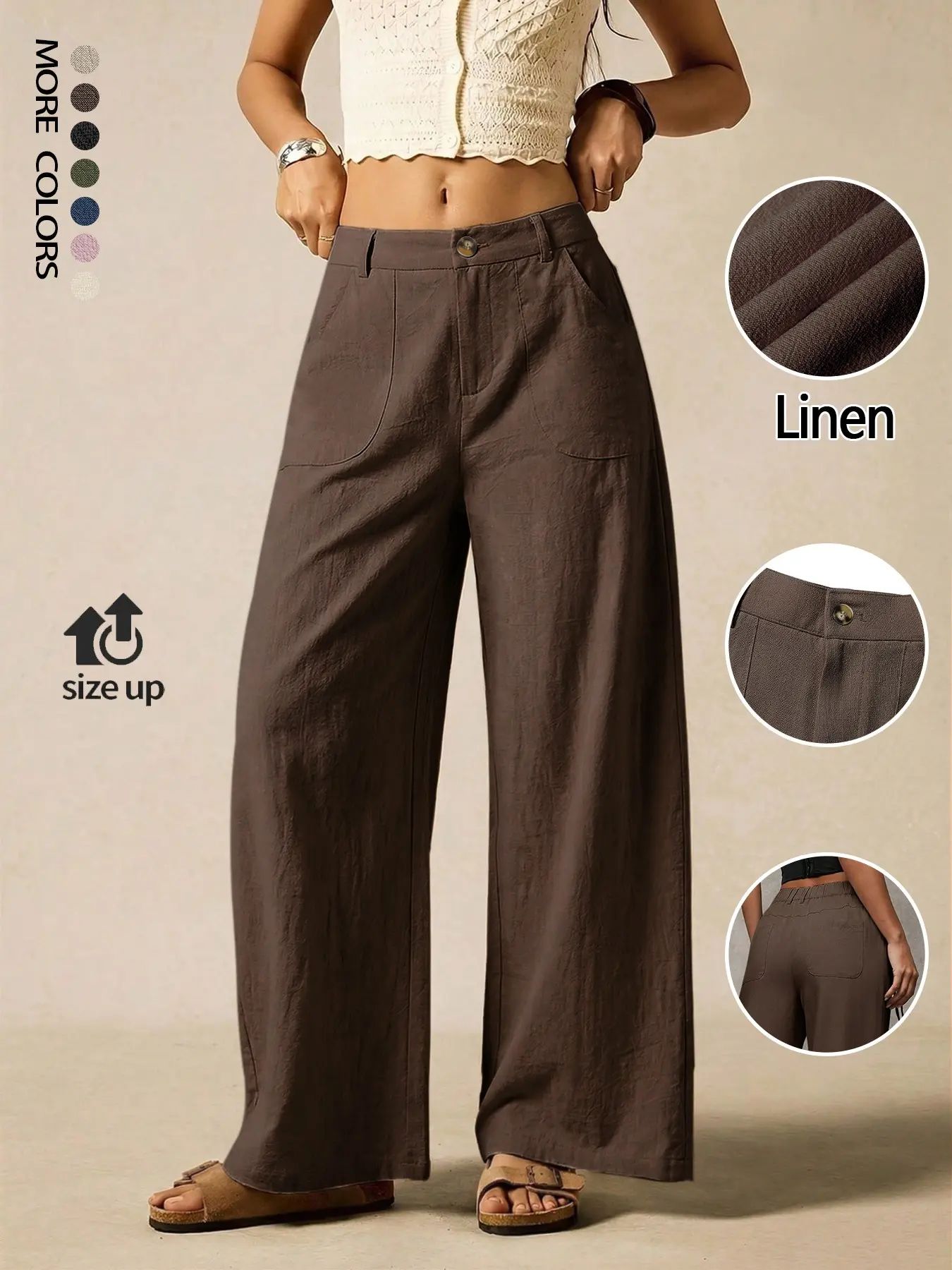 Women's Summer Linen Breathable Lightweight Palazzo Pants Flowy Wide Straight Leg Beach Trousers