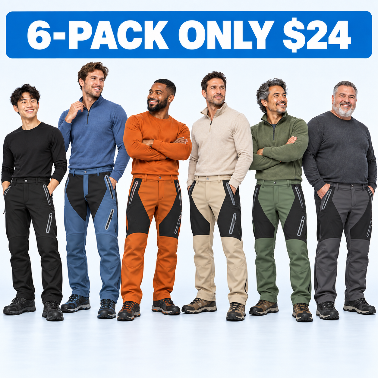 Men's Fleece-Lined Softshell Outdoor Pants Multipack - Zip-Pocket Cold-Weather Trousers