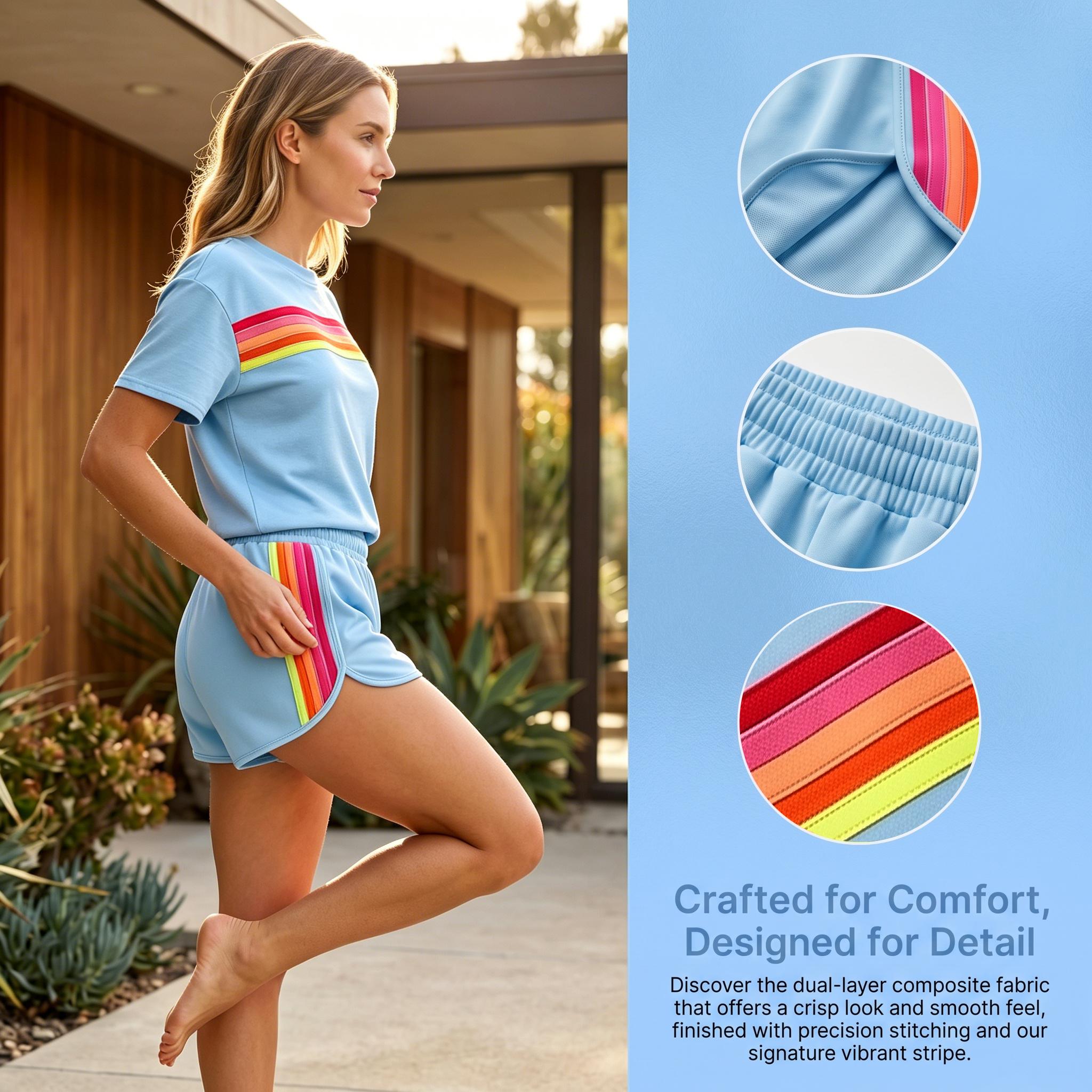 Women's Short 2-Piece Rainbow Strip Outdoor Sportswear Set - Loose Fit Crop Top & Bottoms, Solid Round Neck, Short Sleeves, Lightweight Breathable Blend Clothing, Baby Blue, Baseball Use, Light Spandex Women's Clothes tiktokshopspringglowup, 2 Piece Sets,