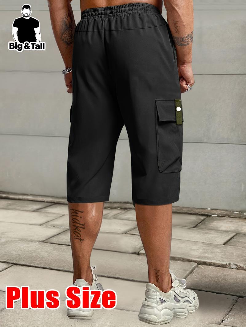 Men'S Plus Size Summer Lightweight Cargo Pants - Casual Cargo Style with Drawstring Waist, Large Pockets & Letter Patch, Solid Color Regular Fit for Casual Attire & Outdoor Activities, PLUS SIZE