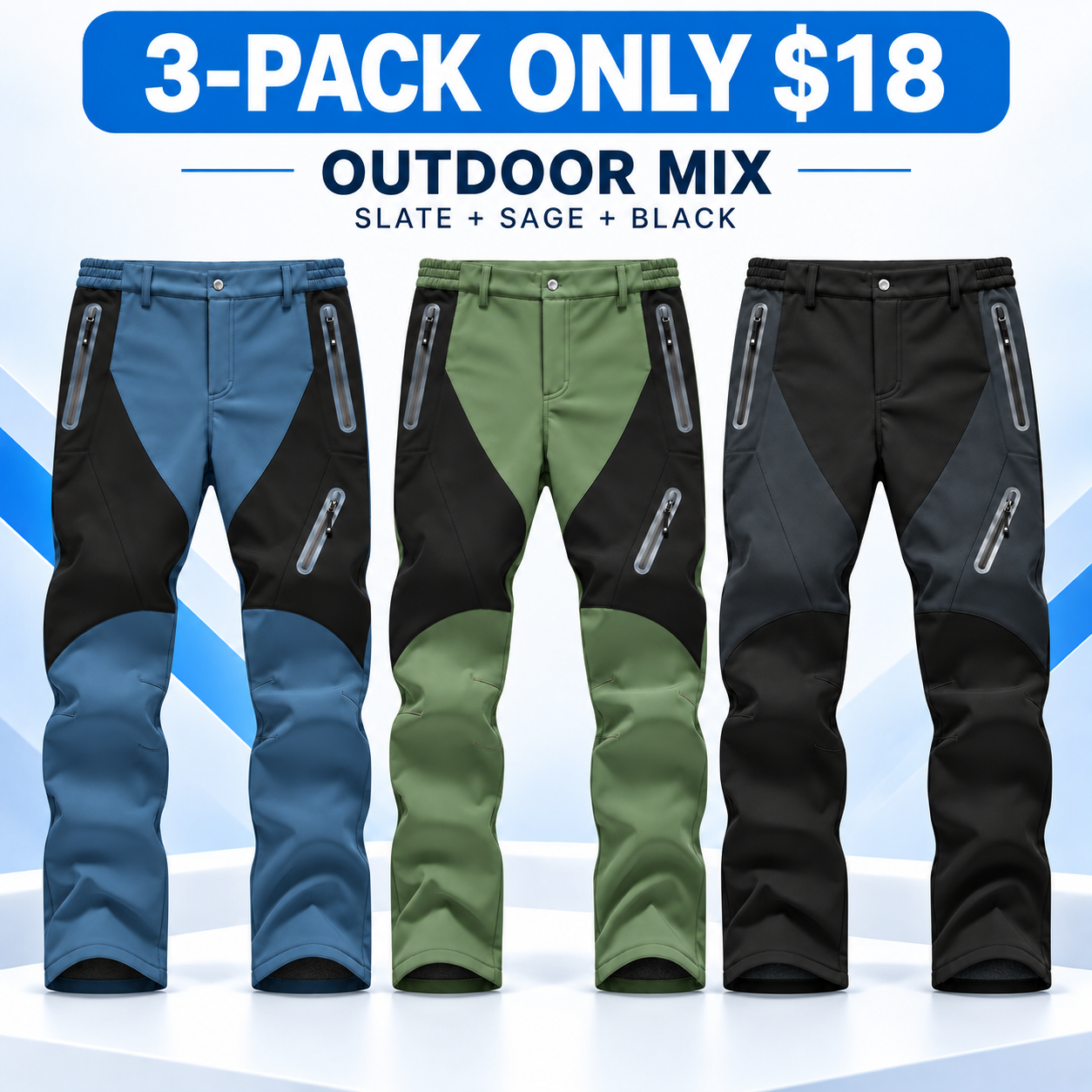 Men's Fleece-Lined Softshell Outdoor Pants Multipack - Zip-Pocket Cold-Weather Trousers