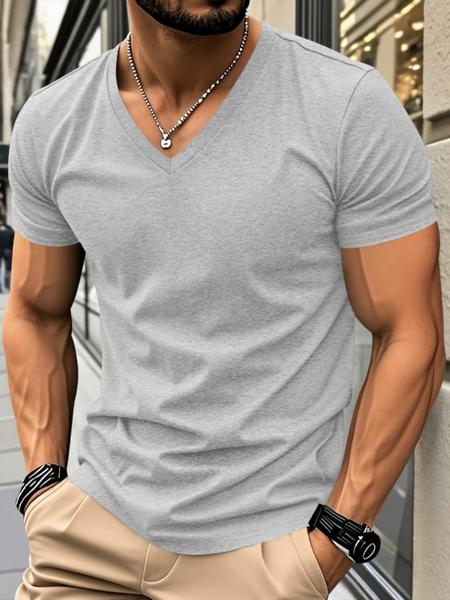 Men's Solid V-Neck Short Sleeve T-Shirt, Soft Breathable Heart-Neck Top, Classic Basic Versatile Tee &ndash; Suitable for Daily Wear, Layering & Outdoor Sports, Casual Fashion Must-Have for Men