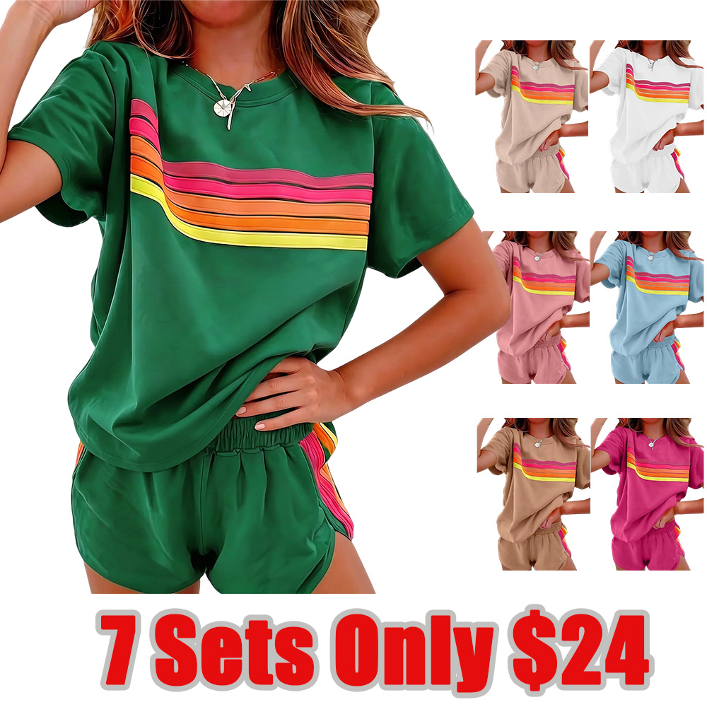 Women's Short 2-Piece Rainbow Strip Outdoor Sportswear Set - Loose Fit Crop Top & Bottoms
