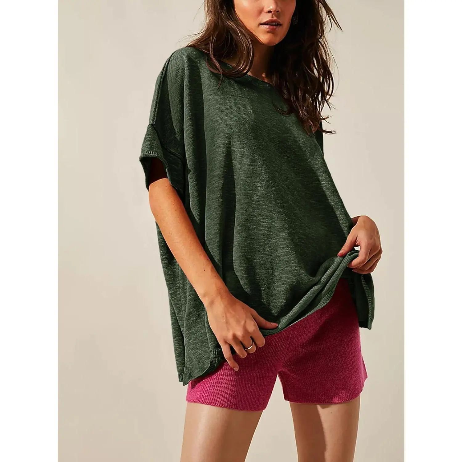 Women's Oversized T Shirts Casual Summer Crew Neck Loose Dropped Short Sleeve Side Slit Hem Blouse Tunic Tops Sweater Tee
