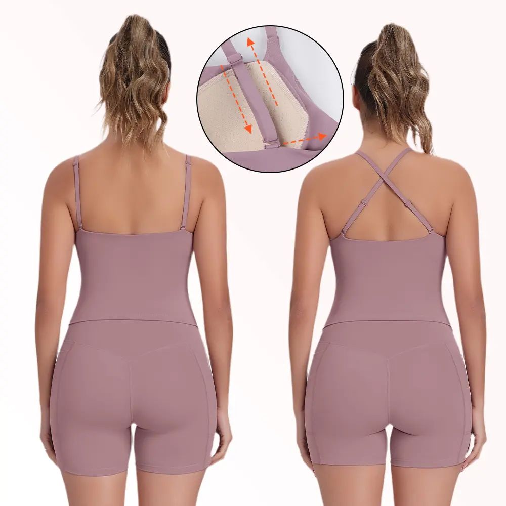 【3-Day Shipping】2026 New Adjustable Straps Built-in Bra Tank Top - Cross Back VS Spaghetti Straps & Scoop Neck, Slim Cute Buttery Soft Thicker Fabric Longline Sports Bra with Built-in One-Piece Bra Pads Yoga Wear Fitness Yoga Gym Activewear