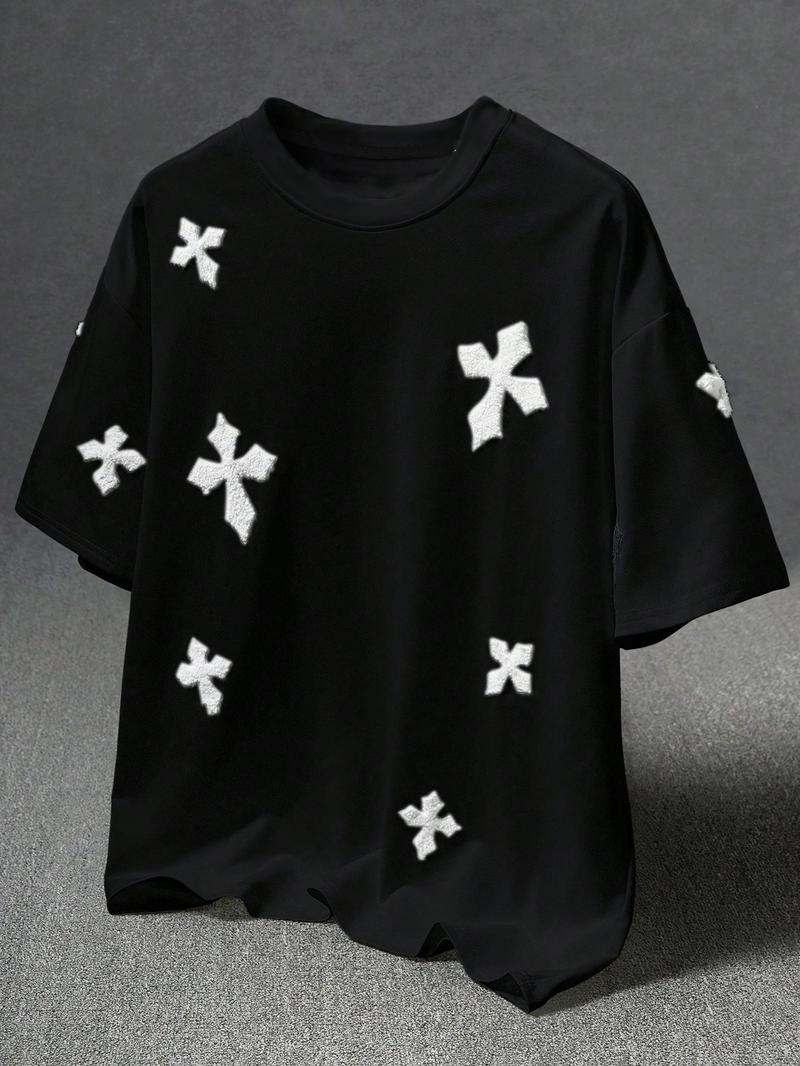 Men's Cross Stitch Embroidered Solid Color Round Neck T-Shirt, Casual Fitted Long Sleeve Top for All Seasons, Sporty College Style