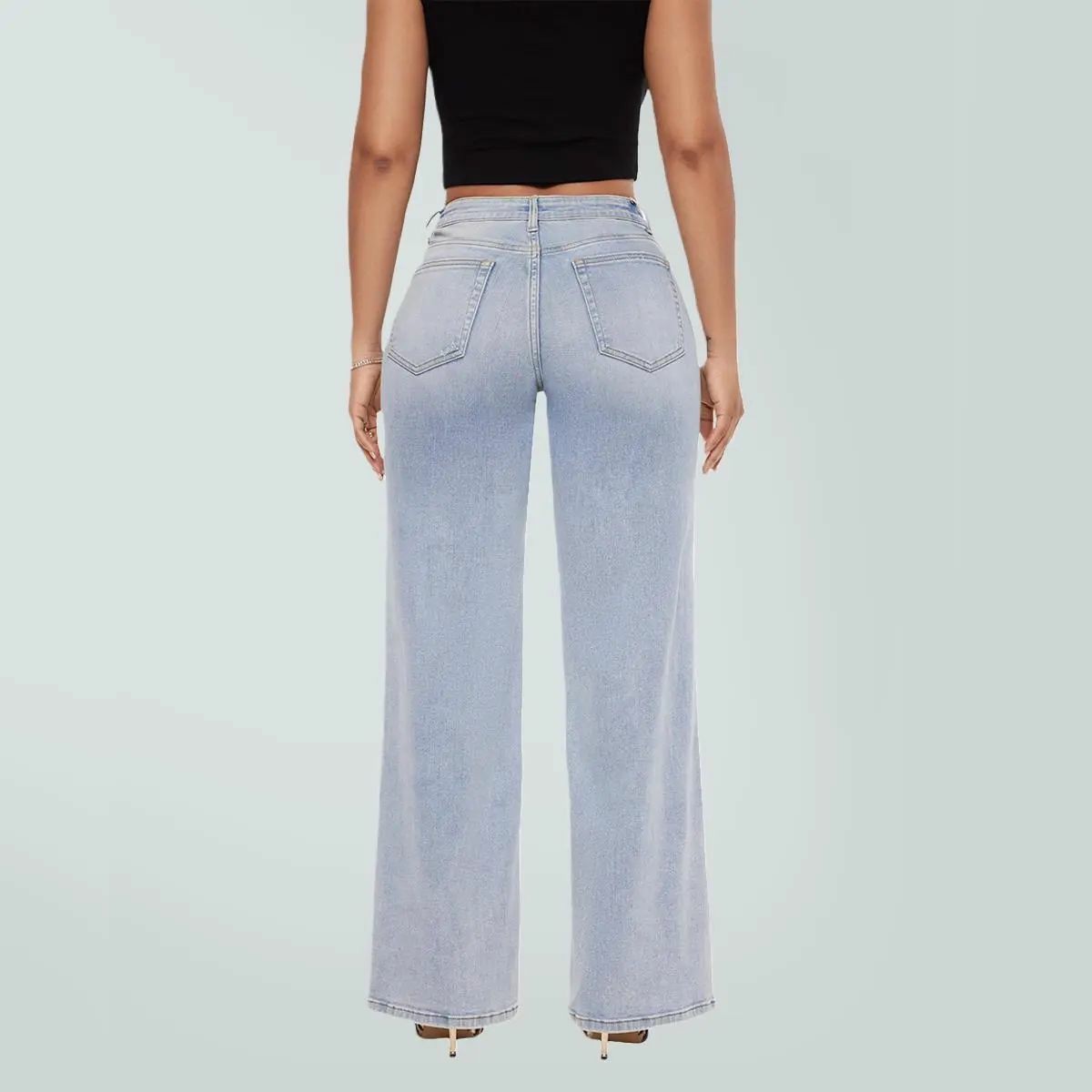 Mid-low Rise Baggy Jeans Stretchy Wide Leg for Women Distressed Pants