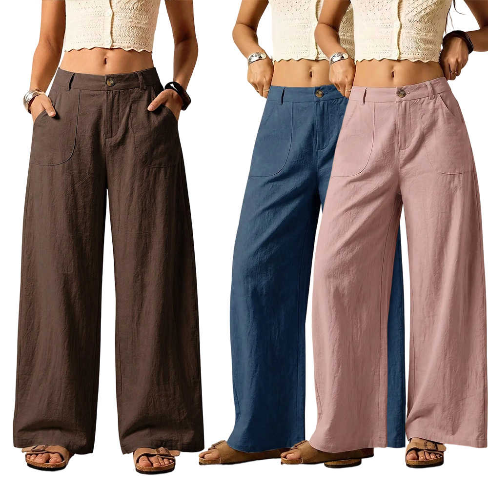 Women's Summer Linen Breathable Lightweight Palazzo Pants Flowy Wide Straight Leg Beach Trousers