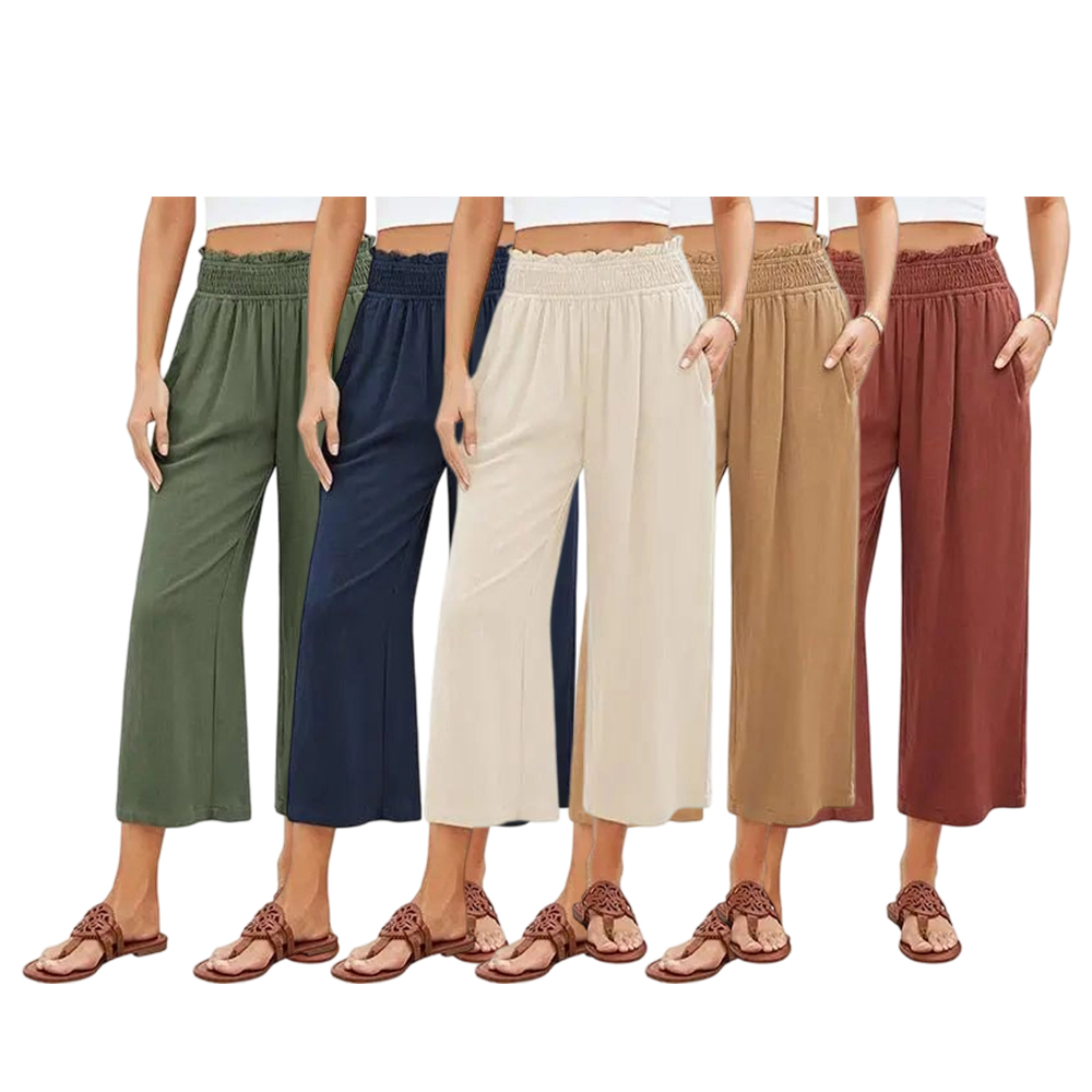 Linen Capri Pants for Women High Waisted Wide Leg Linen Palazzo Trousers Pull On Elastic Smock Waist Loose Flowy Pants