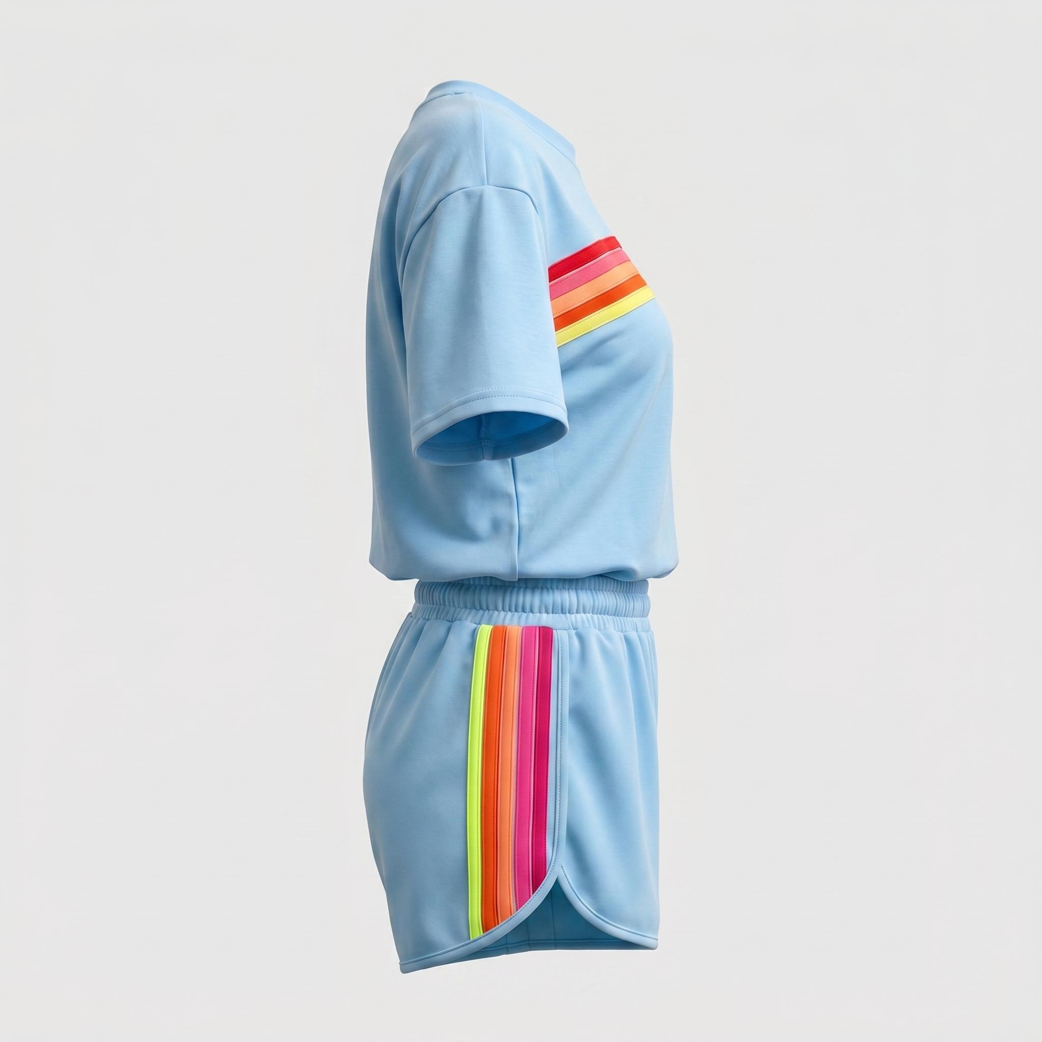 Women's Short 2-Piece Rainbow Strip Outdoor Sportswear Set - Loose Fit Crop Top & Bottoms, Solid Round Neck, Short Sleeves, Lightweight Breathable Blend Clothing, Baby Blue, Baseball Use, Light Spandex Women's Clothes tiktokshopspringglowup, 2 Piece Sets,