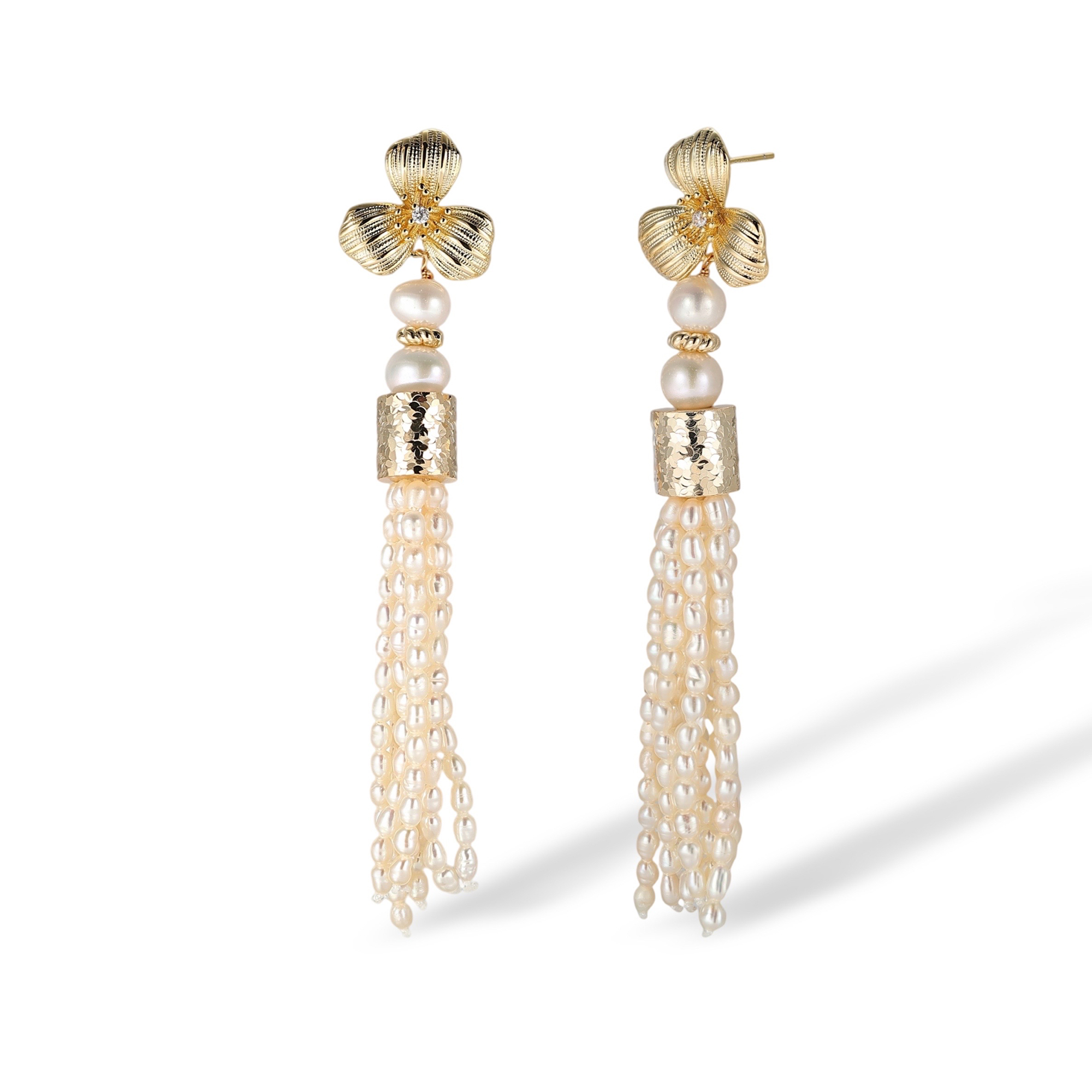Aspasie White Pearl Floral Tassel Drop Earrings