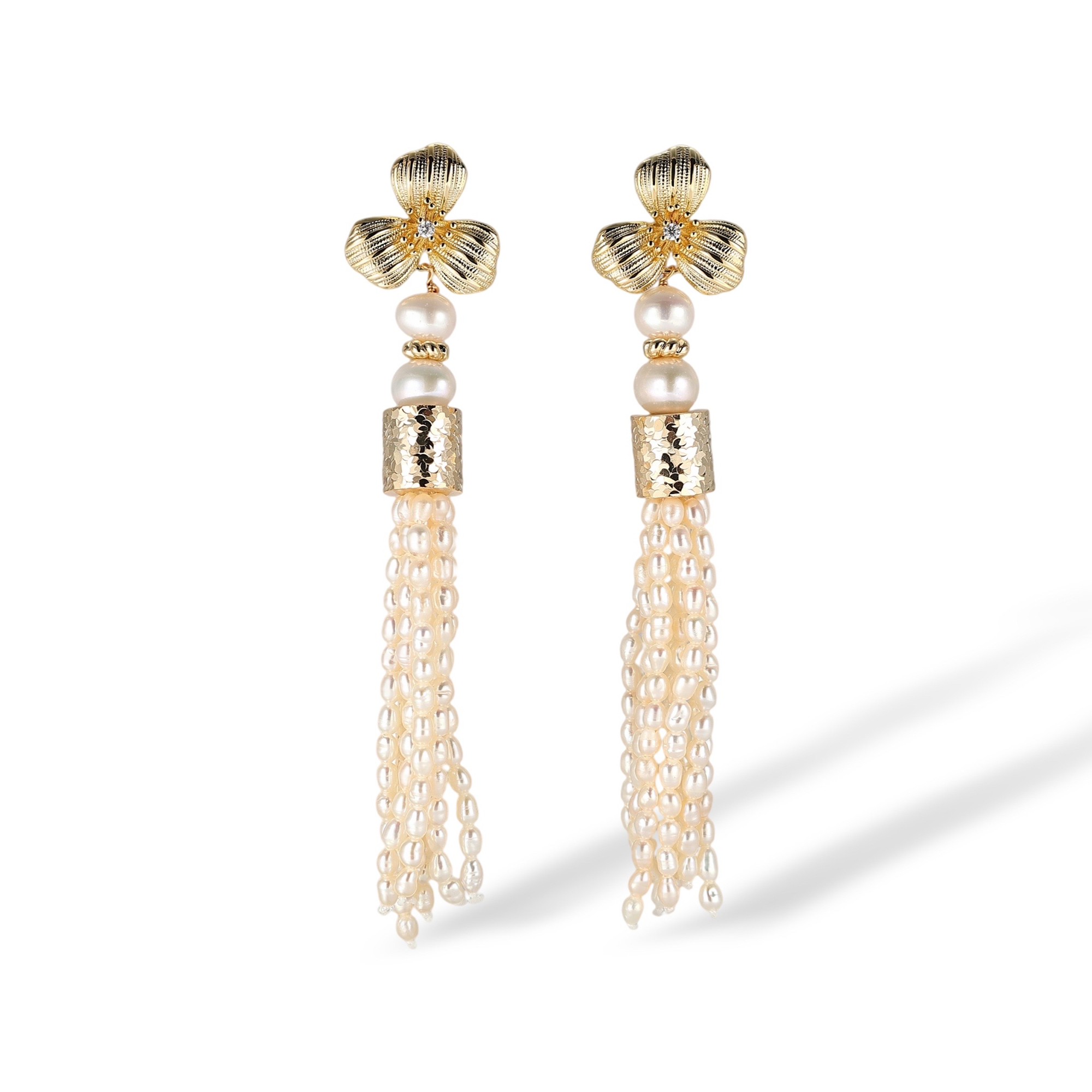 Aspasie White Pearl Floral Tassel Drop Earrings