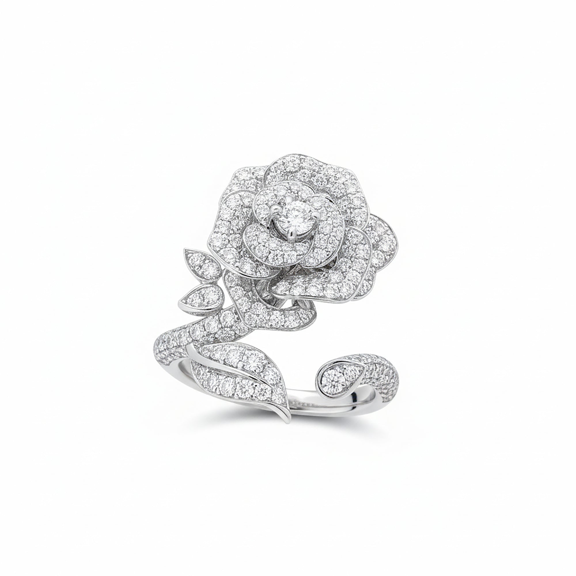 18k White Gold Diamond Ring - Fully Pavé Rose Flower Wrap Ring Jewelry