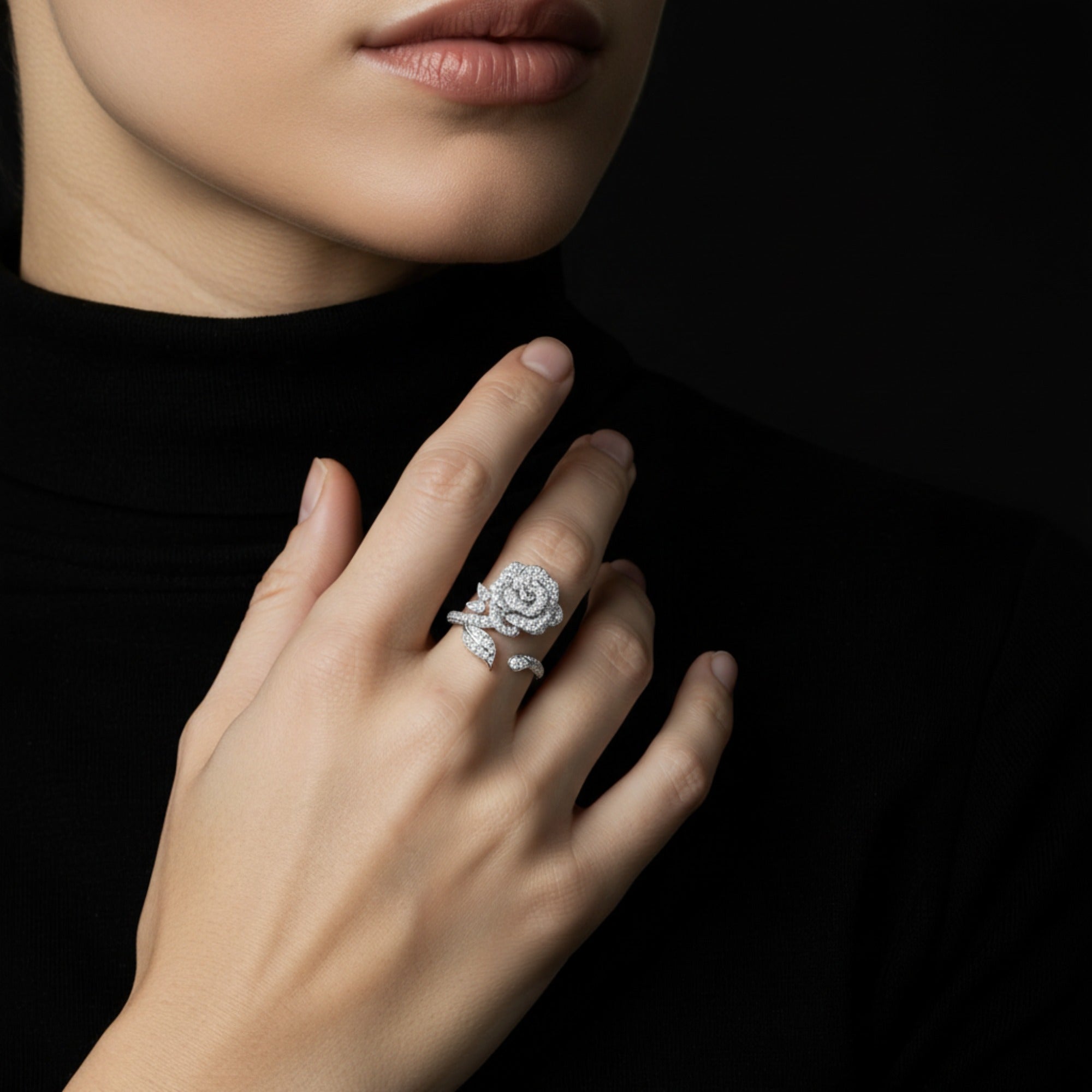 18k White Gold Diamond Ring - Fully Pavé Rose Flower Wrap Ring Jewelry