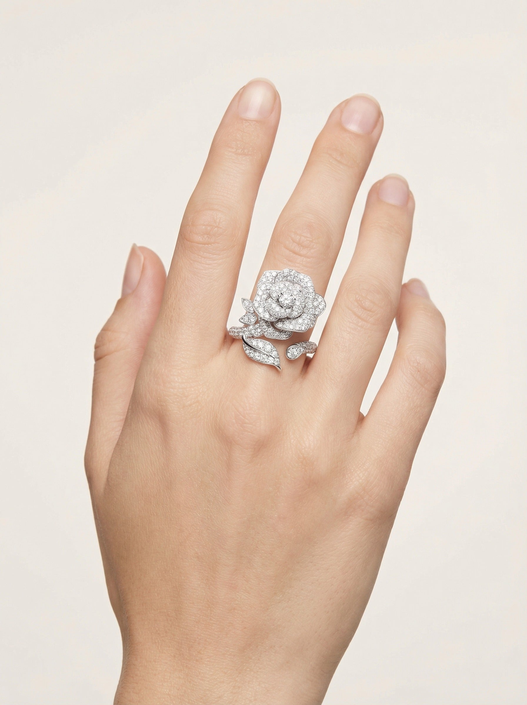 18k White Gold Diamond Ring - Fully Pavé Rose Flower Wrap Ring Jewelry