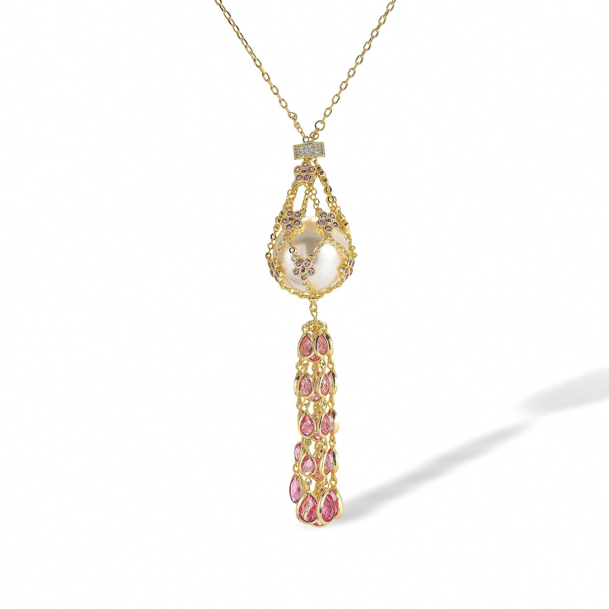 Charette Pink Caged Pearl Floral Tassel Necklace