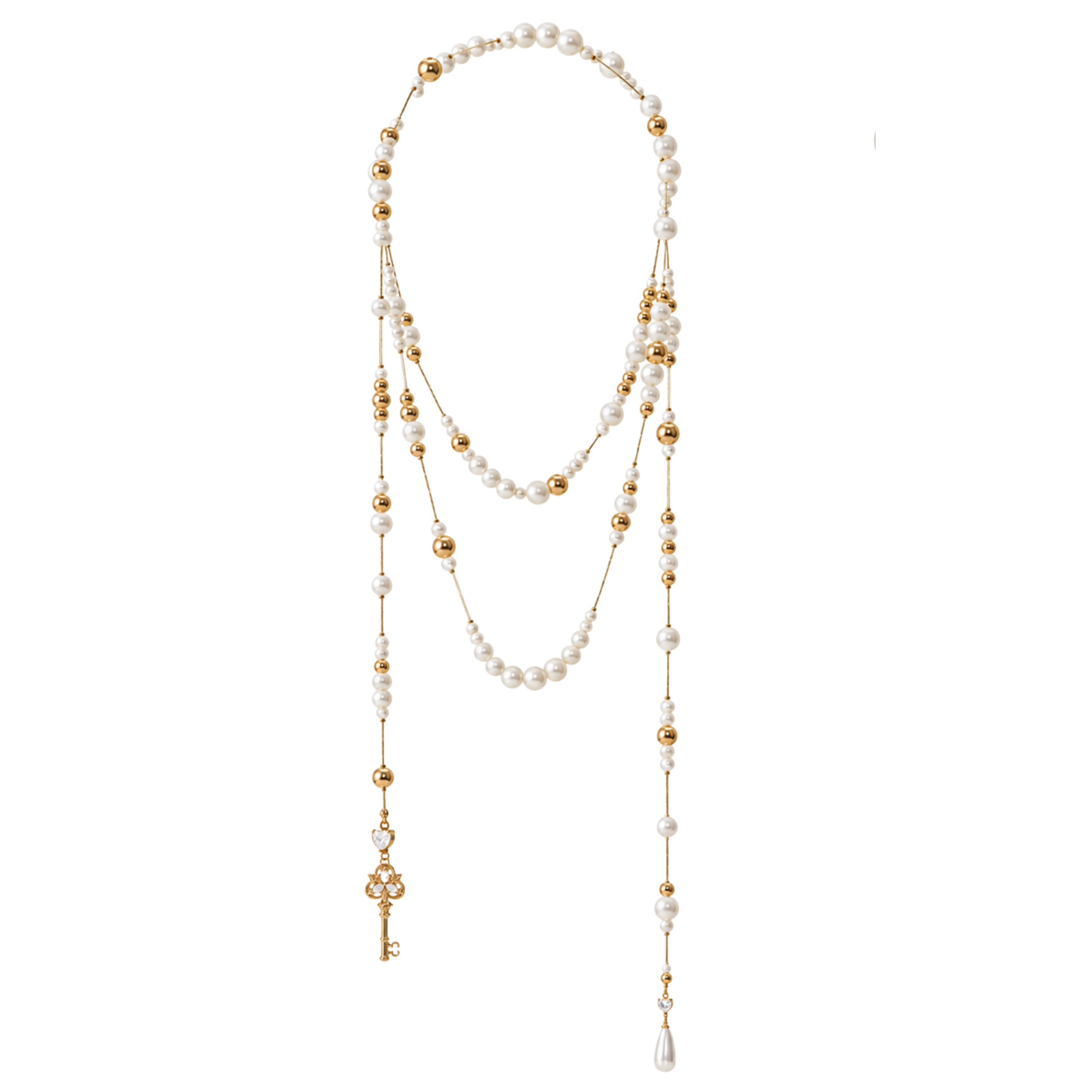 Chilpérique White Layered Pearl Key Long Necklace