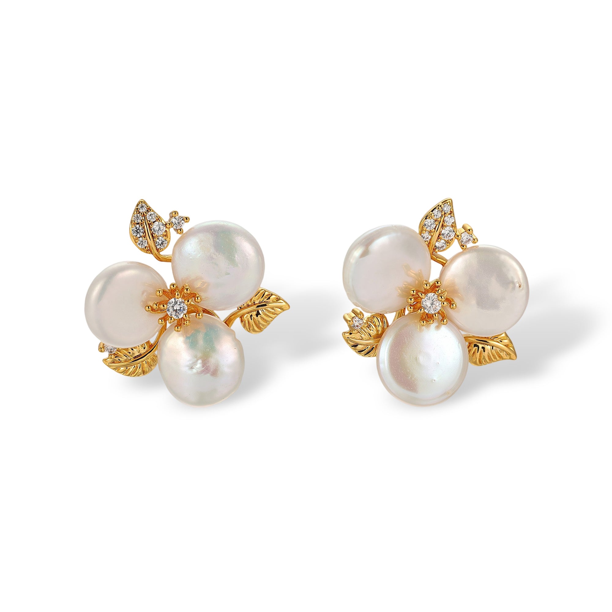 Chimènne White Baroque Pearl Floral Stud Earrings