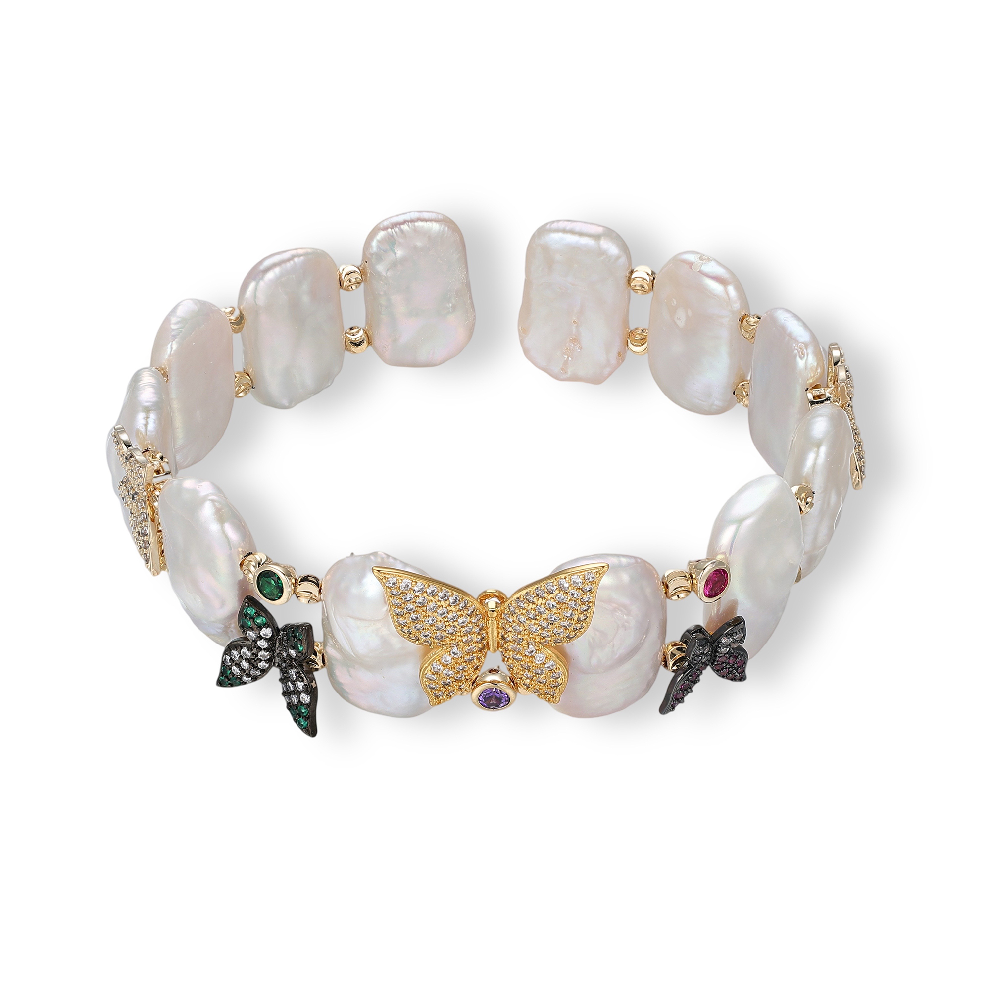 Kenza White Baroque Pearl Butterfly Open Bangle