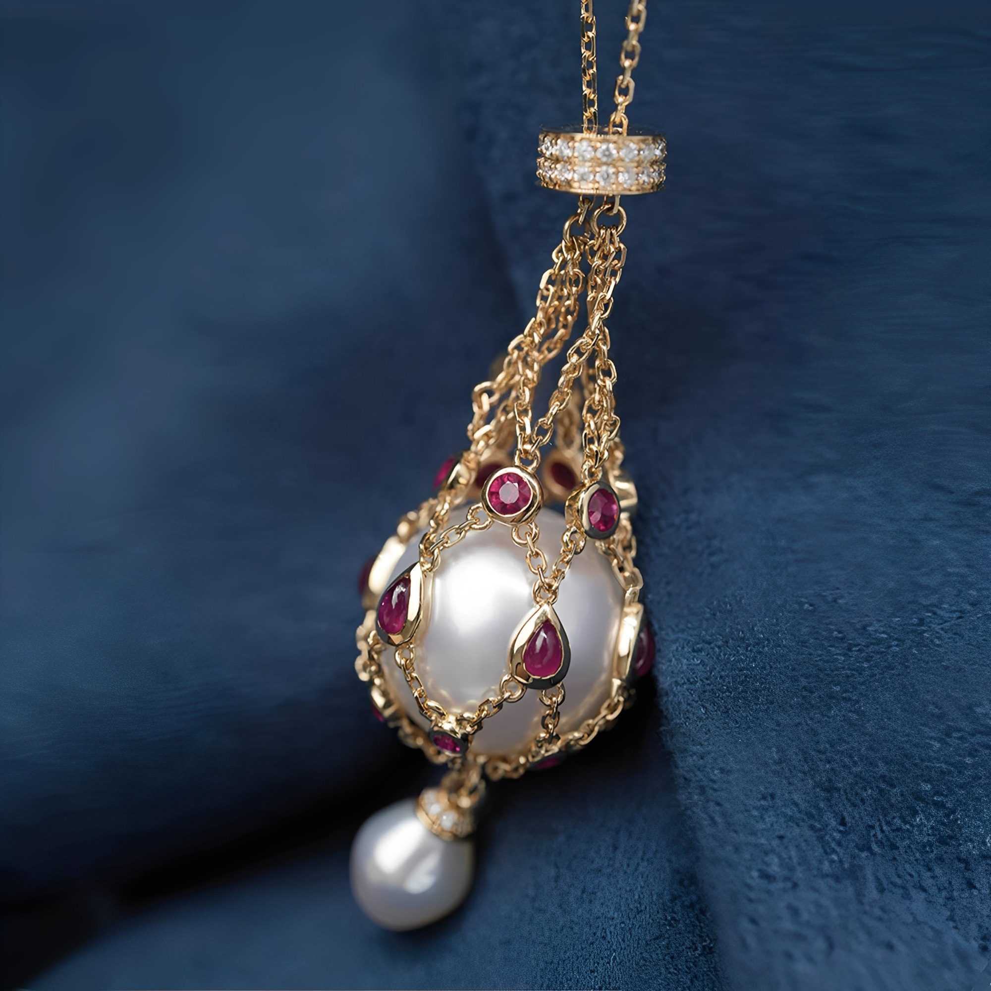 Gold pearl pendant necklace with ruby accents, featuring a large pearl encased in a gold chain cage with a smaller pearl drop