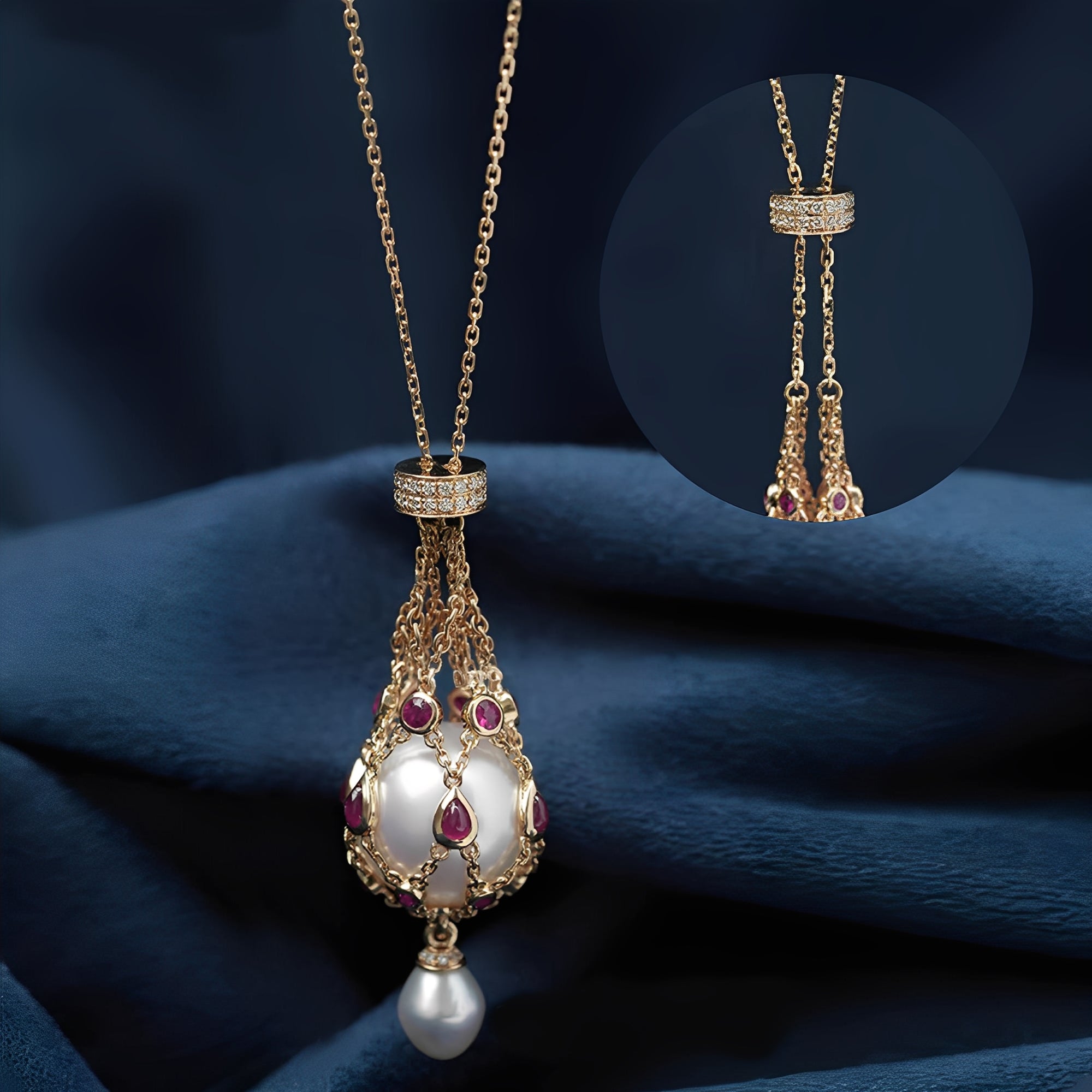 Gold pearl pendant necklace with ruby accents, featuring a large pearl encased in a gold chain cage with a smaller pearl drop