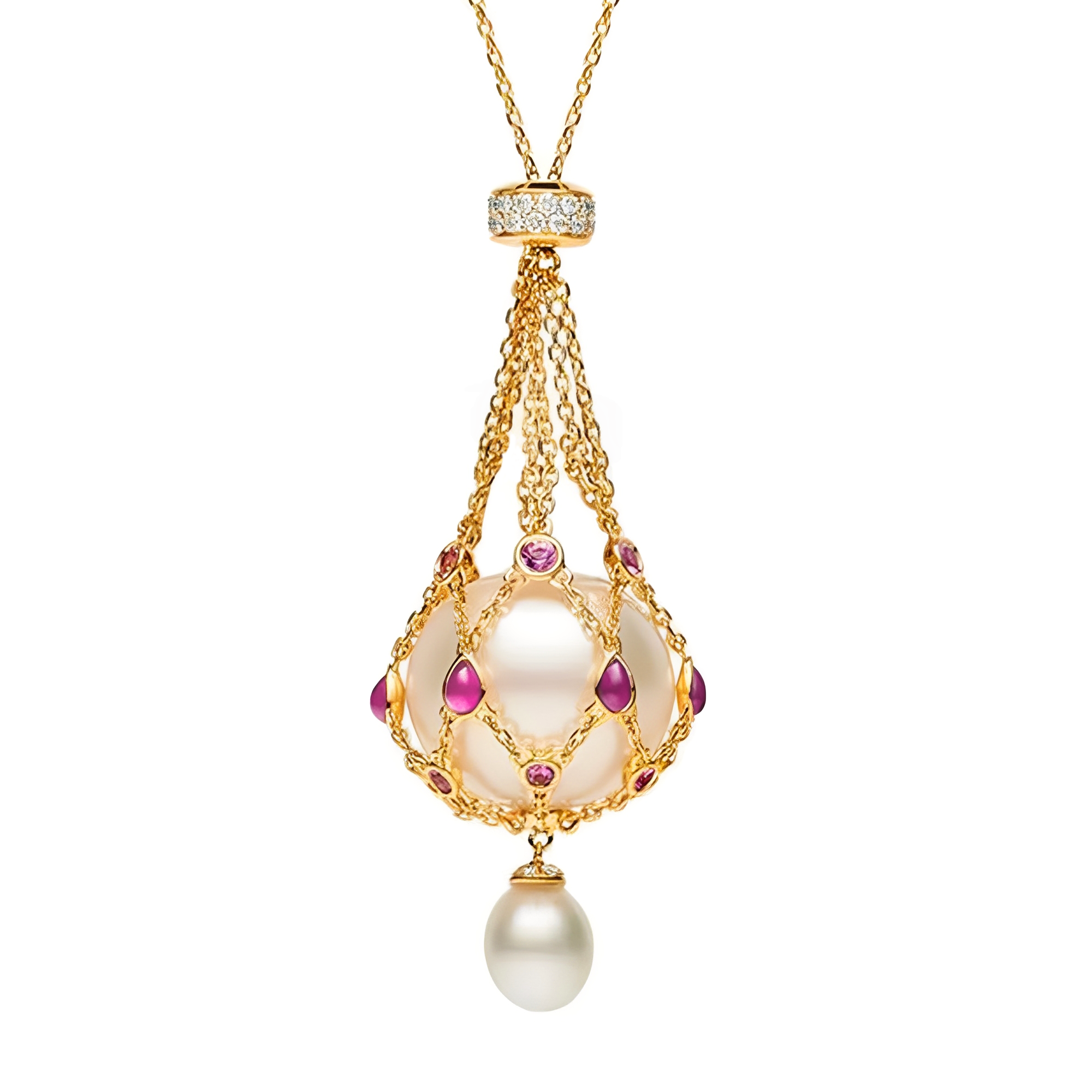 Gold pearl pendant necklace with ruby accents, featuring a large pearl encased in a gold chain cage with a smaller pearl drop