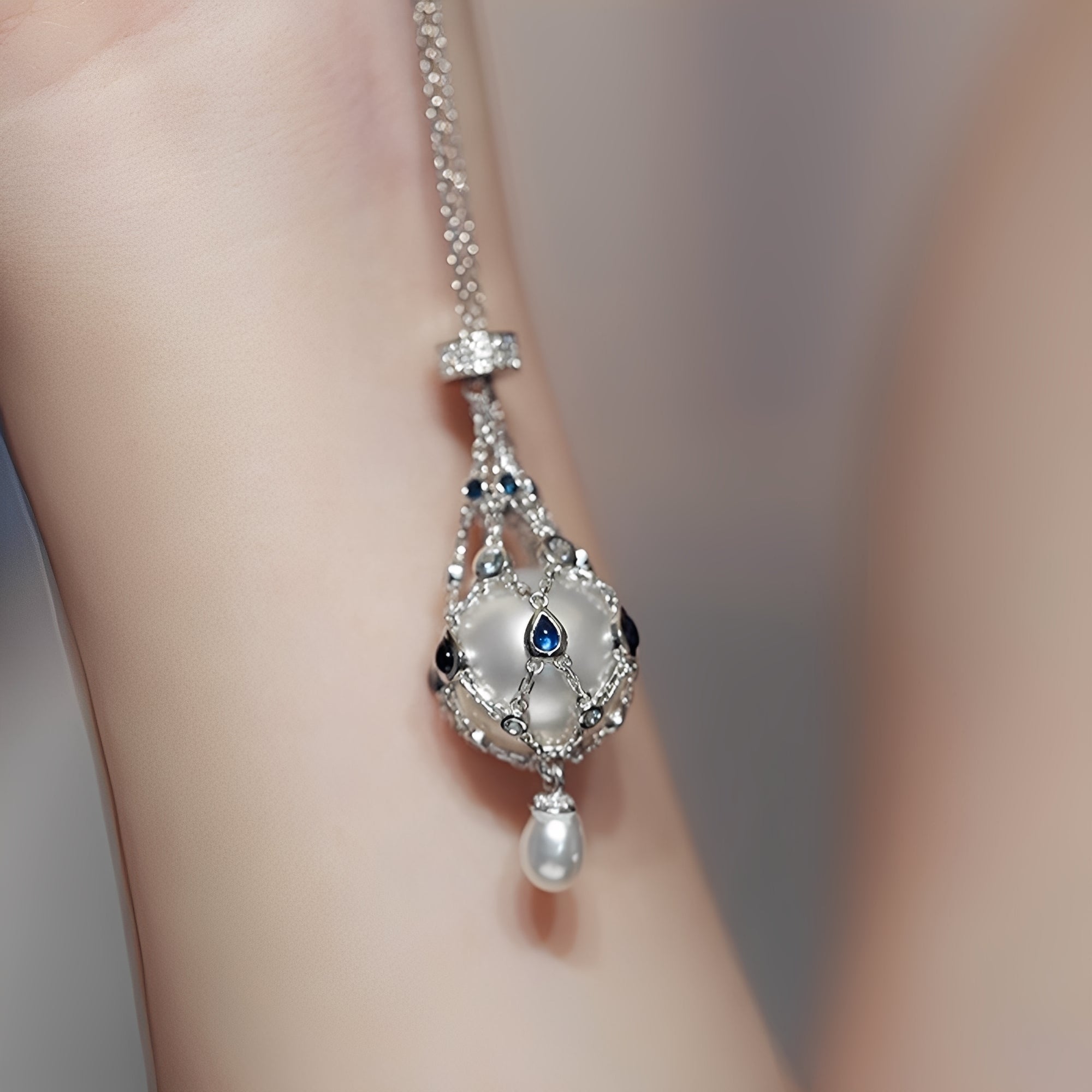 Pearl Caged in Blue Sapphire and Diamond Chain Mesh - Luxury Pearl Net Pendant