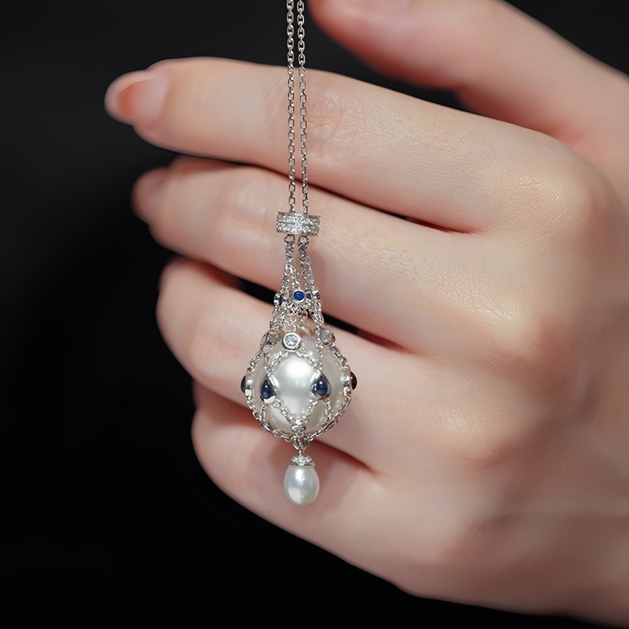 Pearl Caged in Blue Sapphire and Diamond Chain Mesh - Luxury Pearl Net Pendant