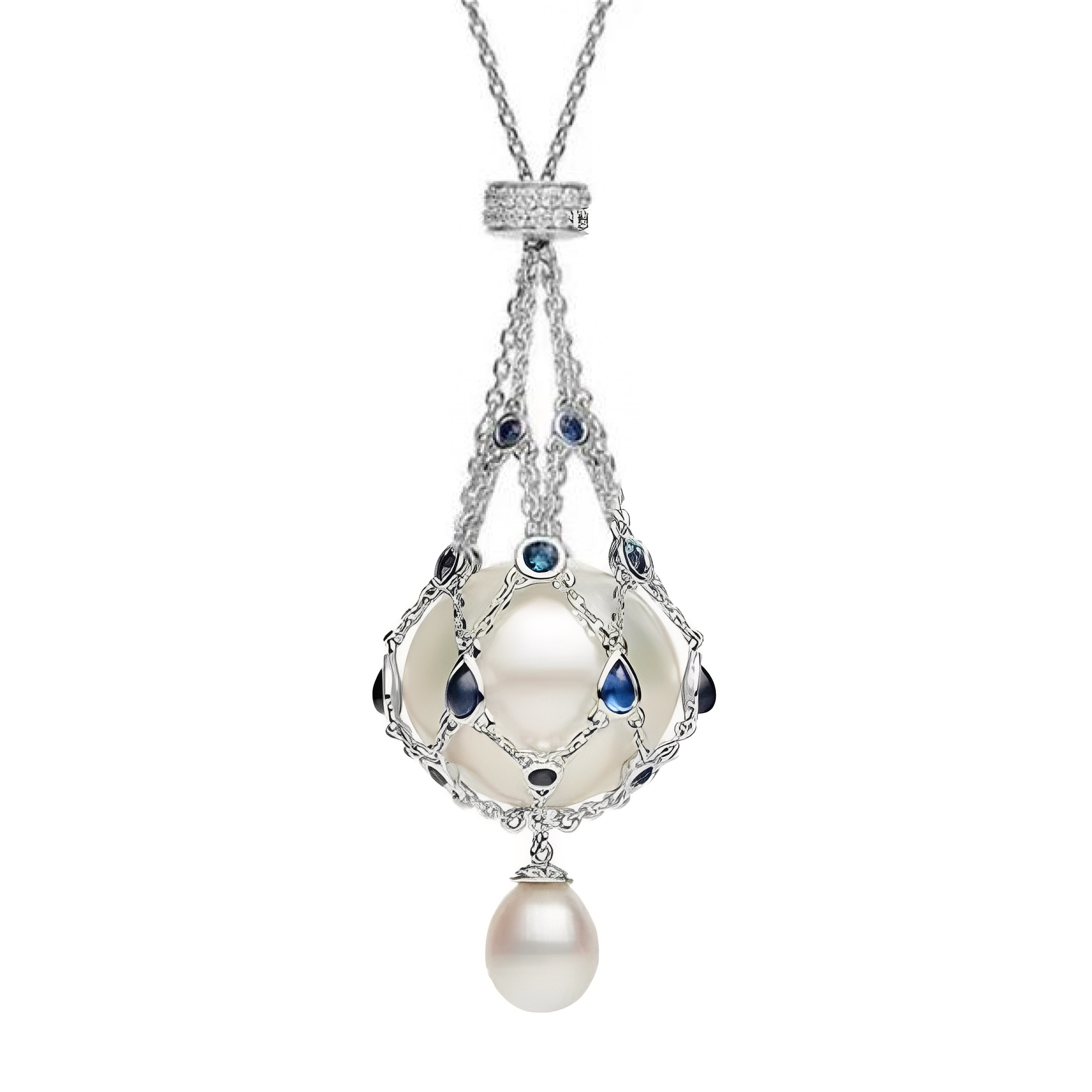 Pearl Caged in Blue Sapphire and Diamond Chain Mesh - Luxury Pearl Net Pendant