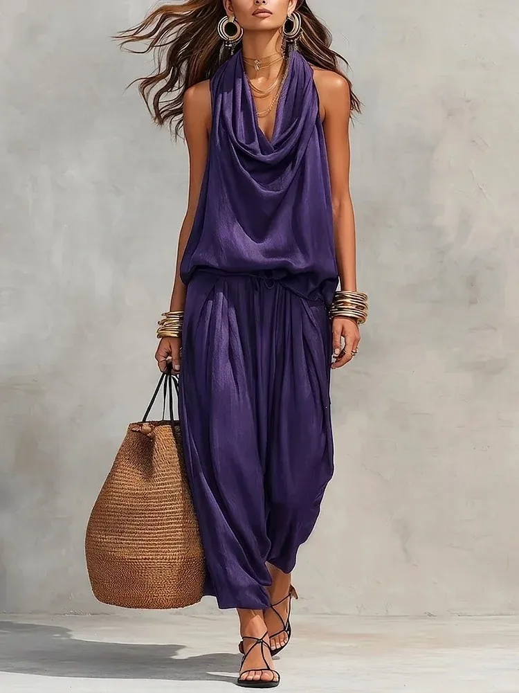 Women's Casual Halter-neck Wide-leg Jumpsuit With Cowl Neck