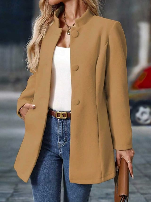 Women's Winter Jacket Comfortable Breathable Pocket Buttons Elegant Casual Plain Vacation Street Casual Daily Wear Single Breasted Regular Stand Collar Regular Fit Long Sleeve Outerwear