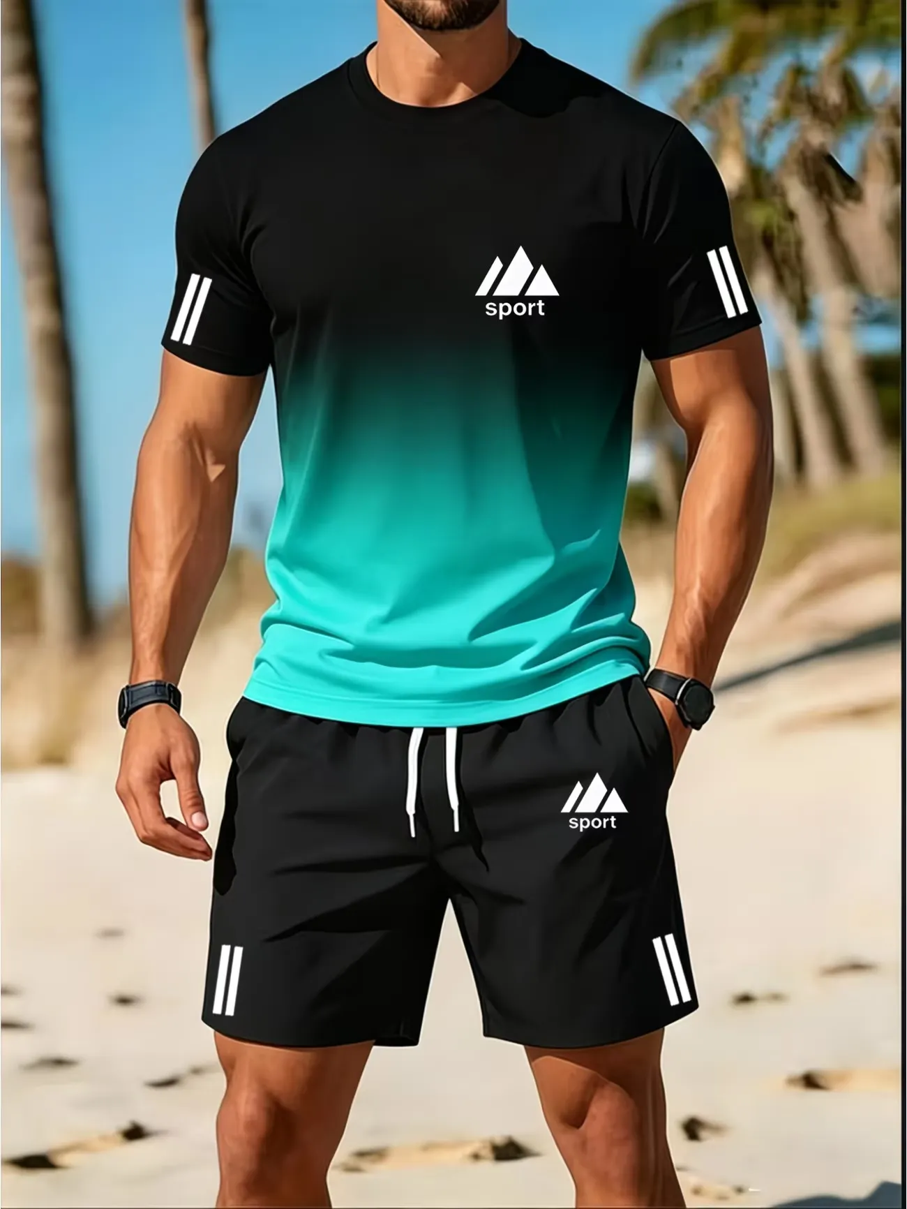 ⏰ Último día: ¡50% de descuento! 🔥 – Conjunto deportivo de verano para hombre con camiseta degradada y pantalones cortos