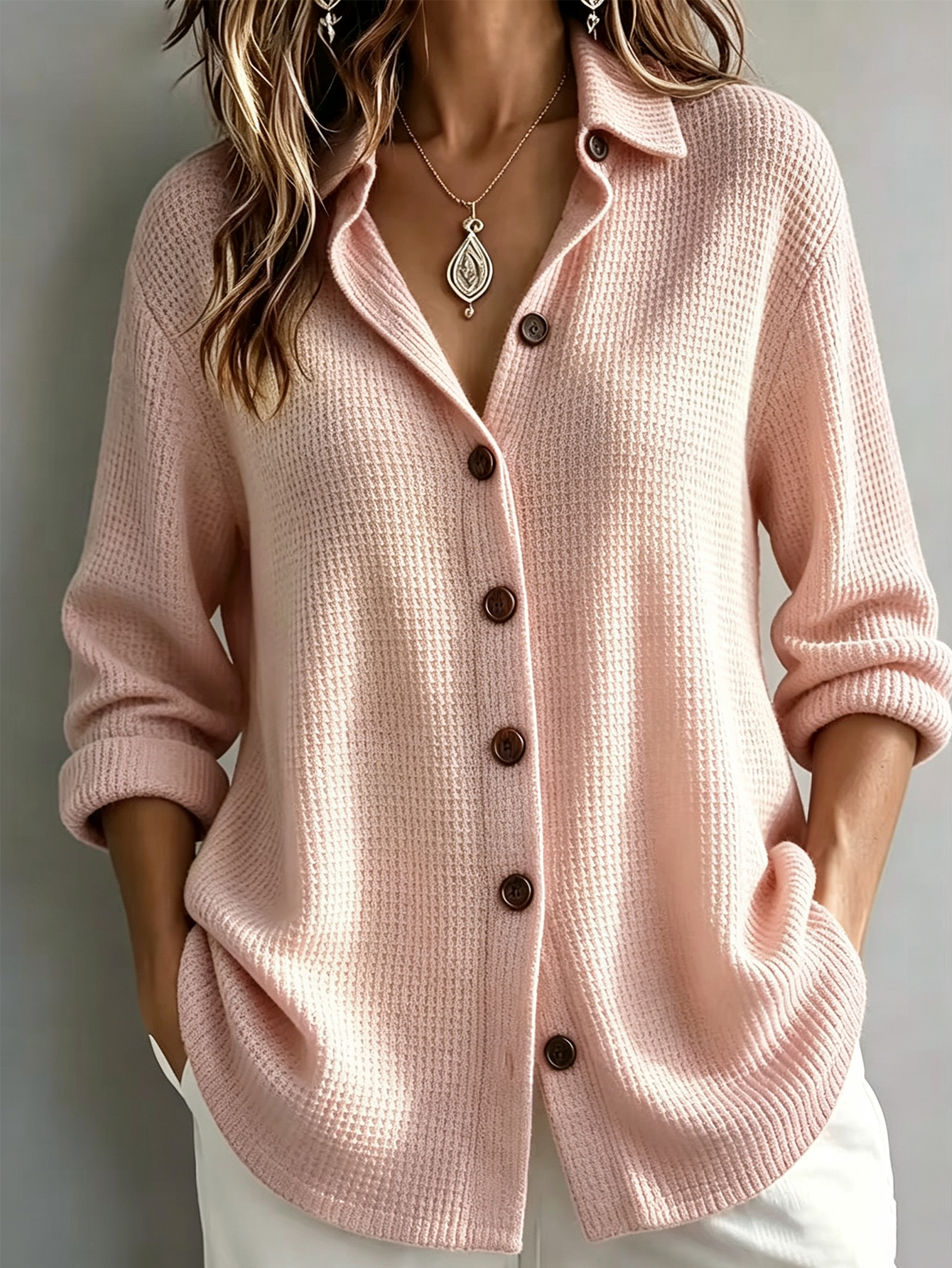 ⭐Women’s Casual Waffle Knit Cardigan Button Down Long Sleeve Loose Fit Top