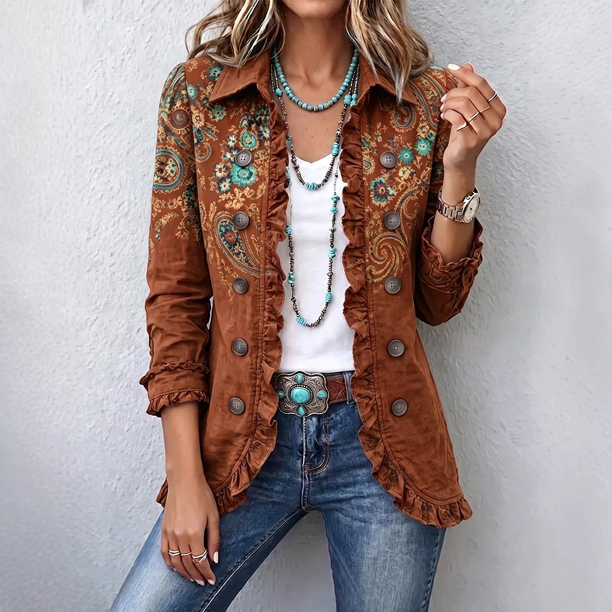 🤲LAST DAY SAVE 49% ⏰Boho-chic Floral Embroidered Utility Ruffled Trim Jacket
