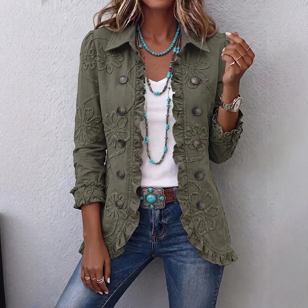 🤲LAST DAY SAVE 49% ⏰Boho-chic Floral Embroidered Utility Ruffled Trim Jacket