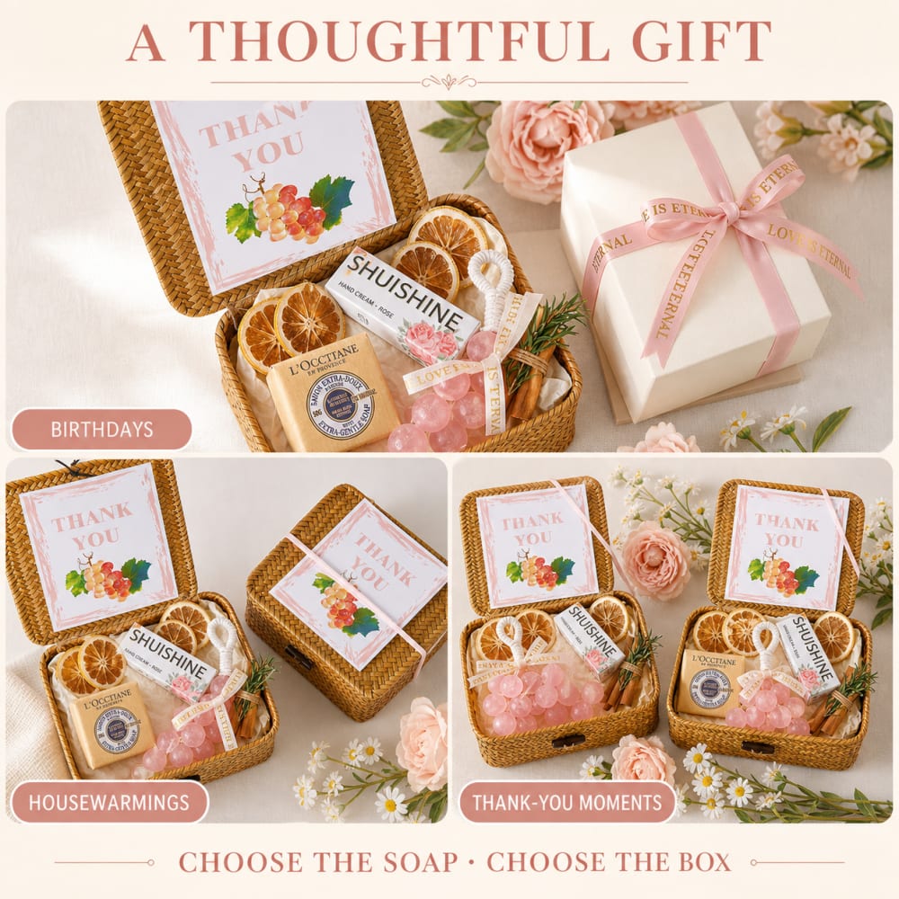 Soap gift boxes arranged for birthdays, housewarmings and thank-you occasions