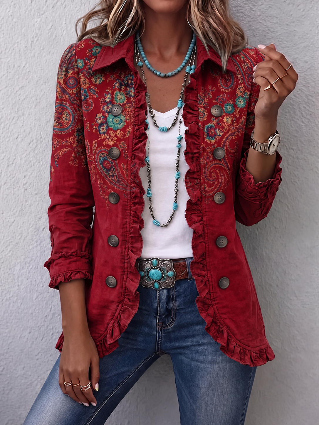 🤲LAST DAY SAVE 49% ⏰Boho-chic Floral Embroidered Utility Ruffled Trim Jacket